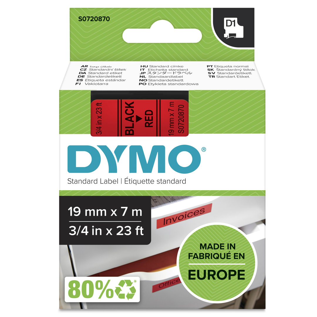 DYMO D1 etiquetas autnticas | impresin negra sobre fondo rojo | 19mm7m | etiquetas autoadhesivas para etiquetadoras LabelManager