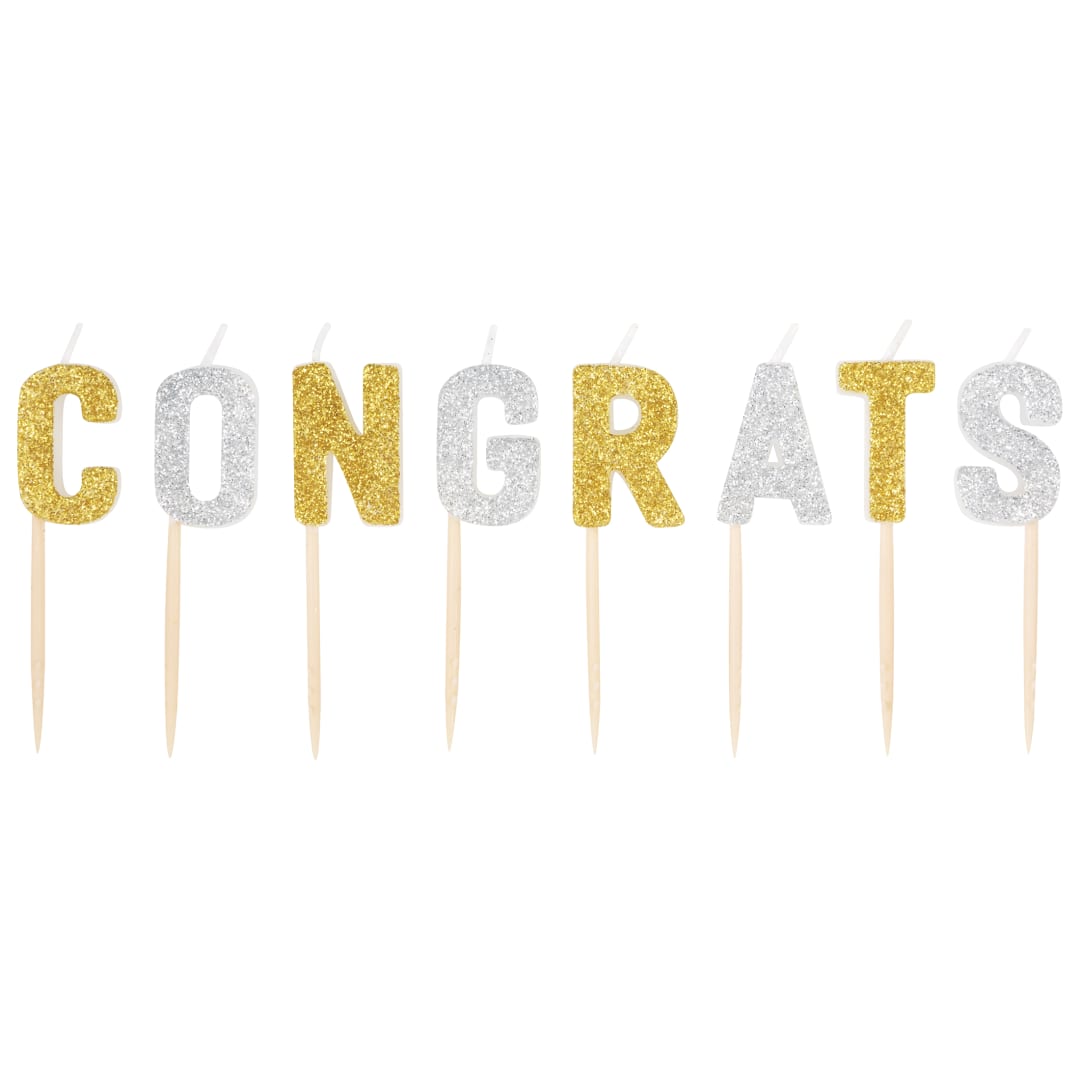 Gold & Silver Glitter "Congrats" Pick Candles, 8pc