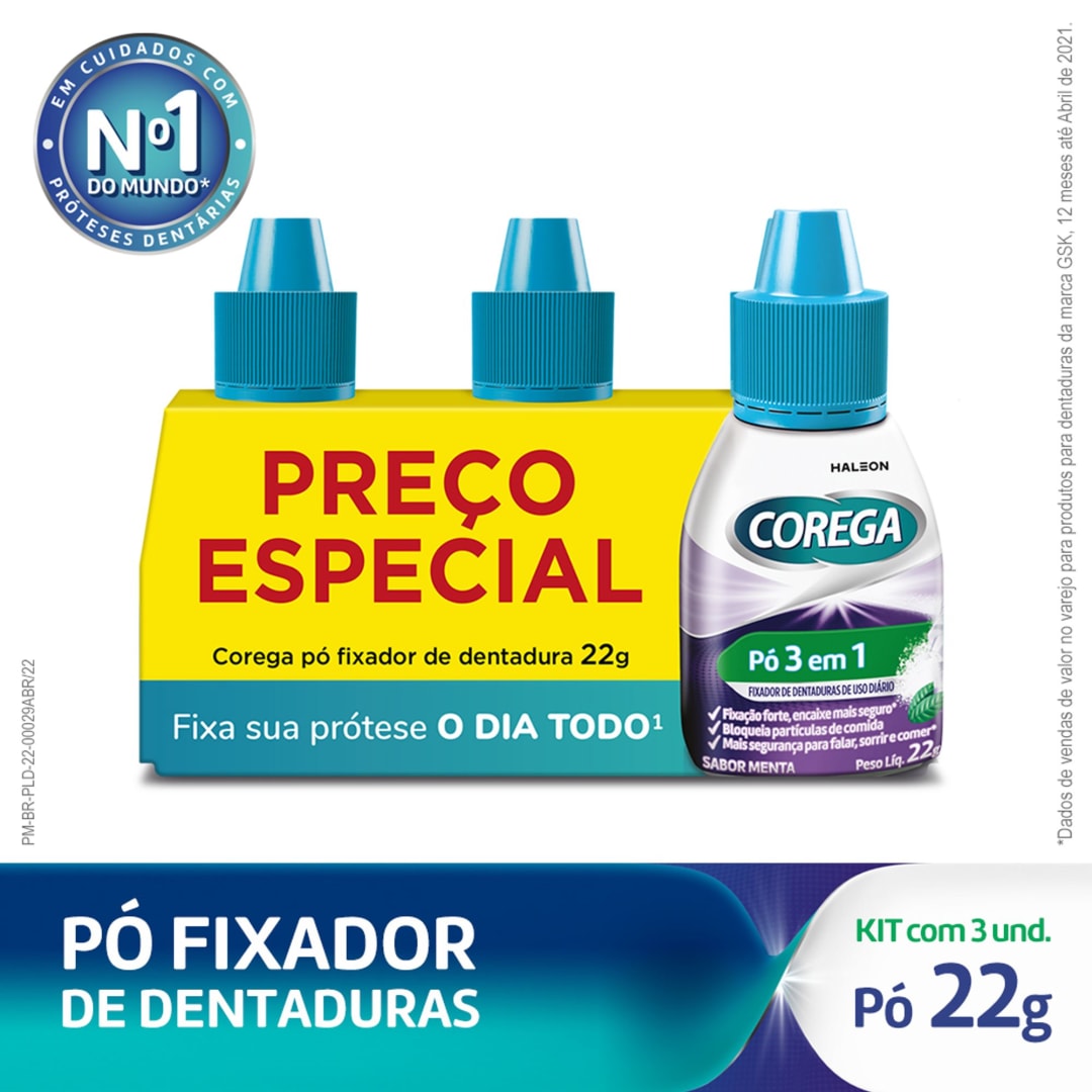 Kit Corega Pó 3 em 1 Sabor Menta, Fixador de Dentadura com Forte Fixação 22g - 3 Unidades