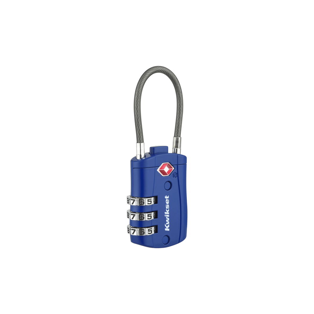 Kwikset TSA Approved Combination Luggage Lock with Cable, 3-Digit, 1-3/16 in Body, 1 Pack, Blue