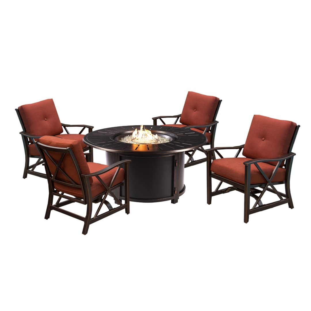Aluminum 44-in Round Antique Copper Fire Table Set with Four Deep Seating Rocking Chairs, Fire Beads, Lid, Propane Tank Cover and Table Fabric Covers