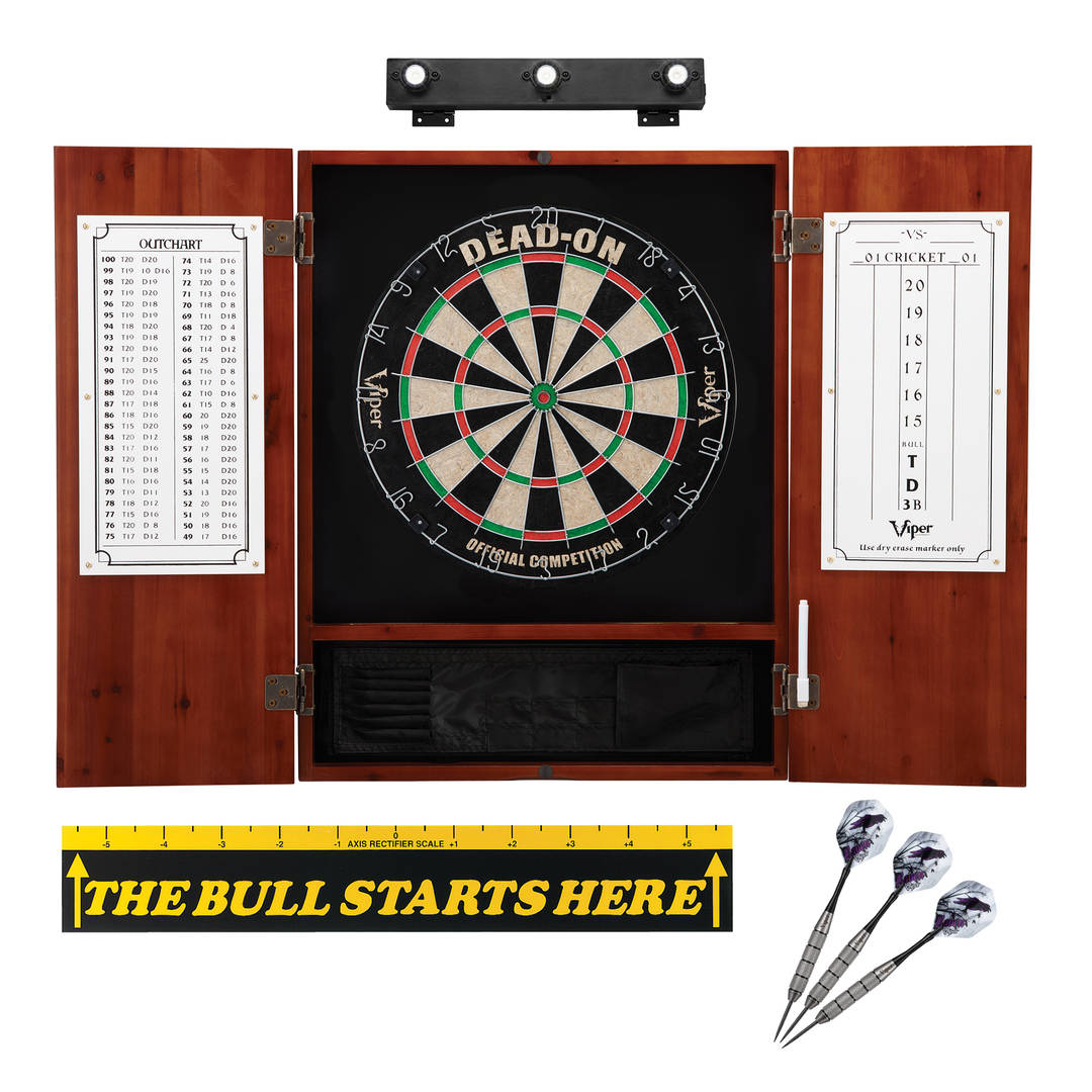 Viper Dead On Sisal Dartboard, Metropolitan Cinnamon Cabinet, Shadow Buster Dartboard Lights & "The Bull Starts Here" Throw Line Marker