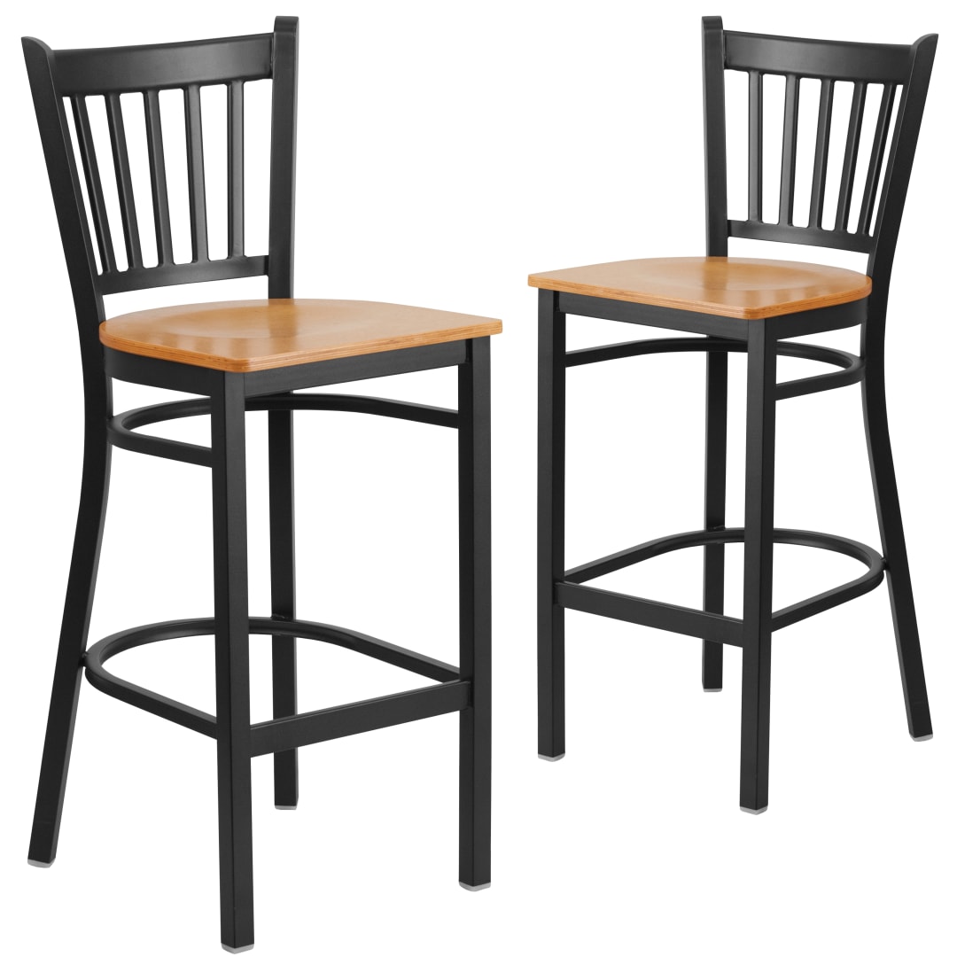 2 Pack HERCULES Series Black Vertical Back Metal Restaurant Barstool - Natural Wood Seat