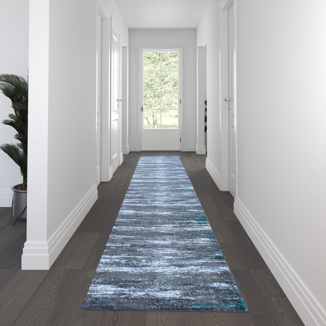 Marian Collection 3' x 16' Distressed Gray Olefin Area Rug with Jute Backing for Entryway, Living Room, Bedroom