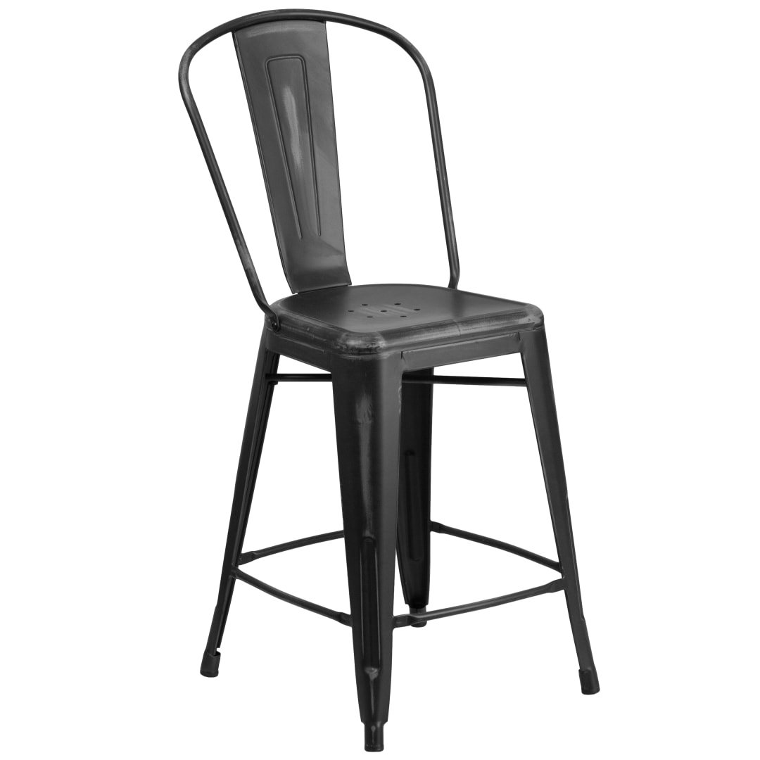Carly Commercial Grade 24" High Distressed Black Metal Indoor-Outdoor Counter Height Stool with Back