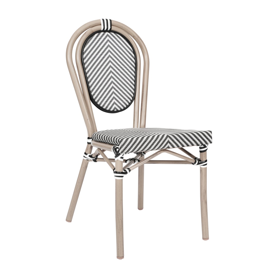 Marseille Indoor/Outdoor Commercial Thonet Bistro Stacking Chair, Black/White Textilene and Bamboo Print Aluminum Frame in LT Natural