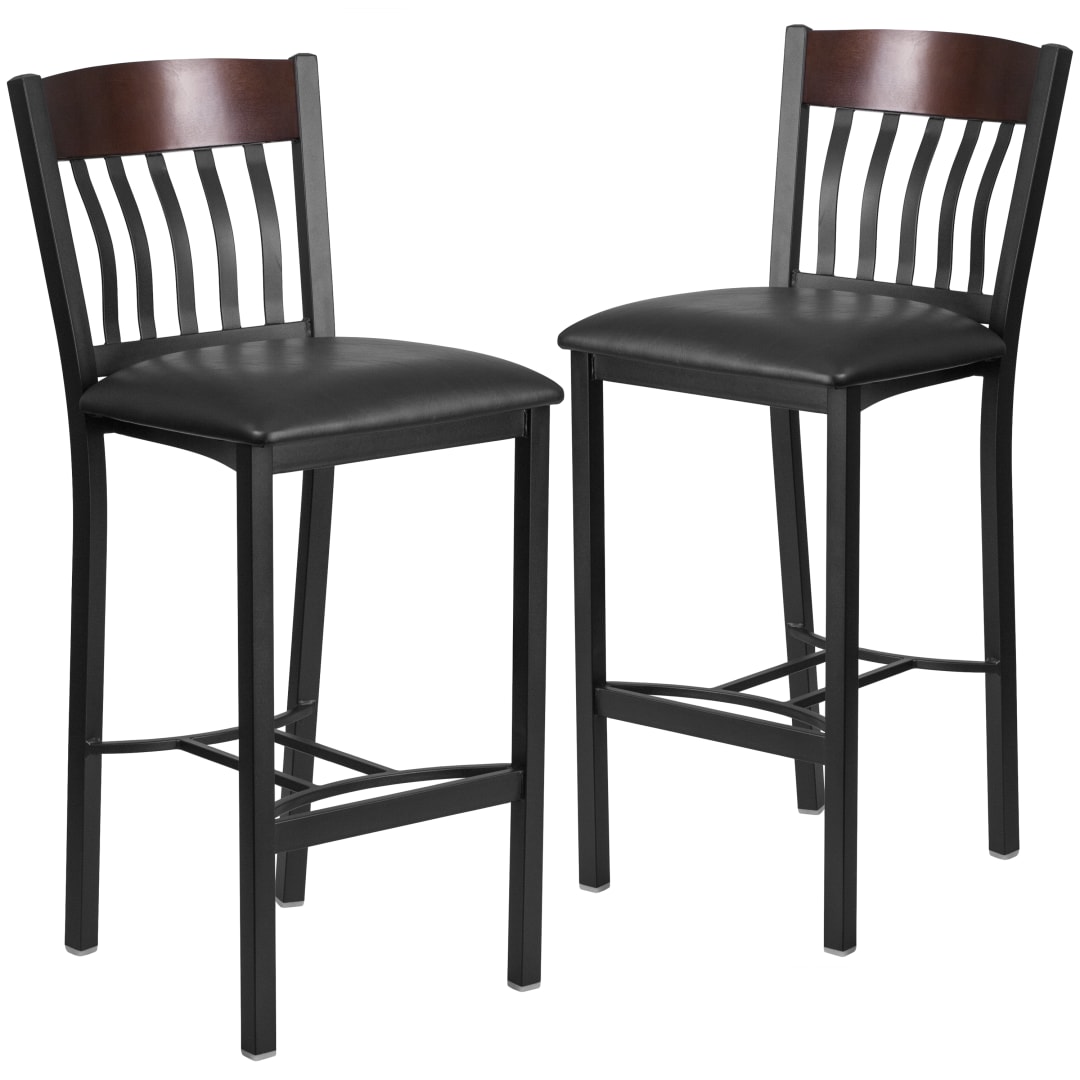 2 Pk. Eclipse Series Vertical Back Black Metal and Walnut Wood Restaurant Barstool with Black Vinyl Seat