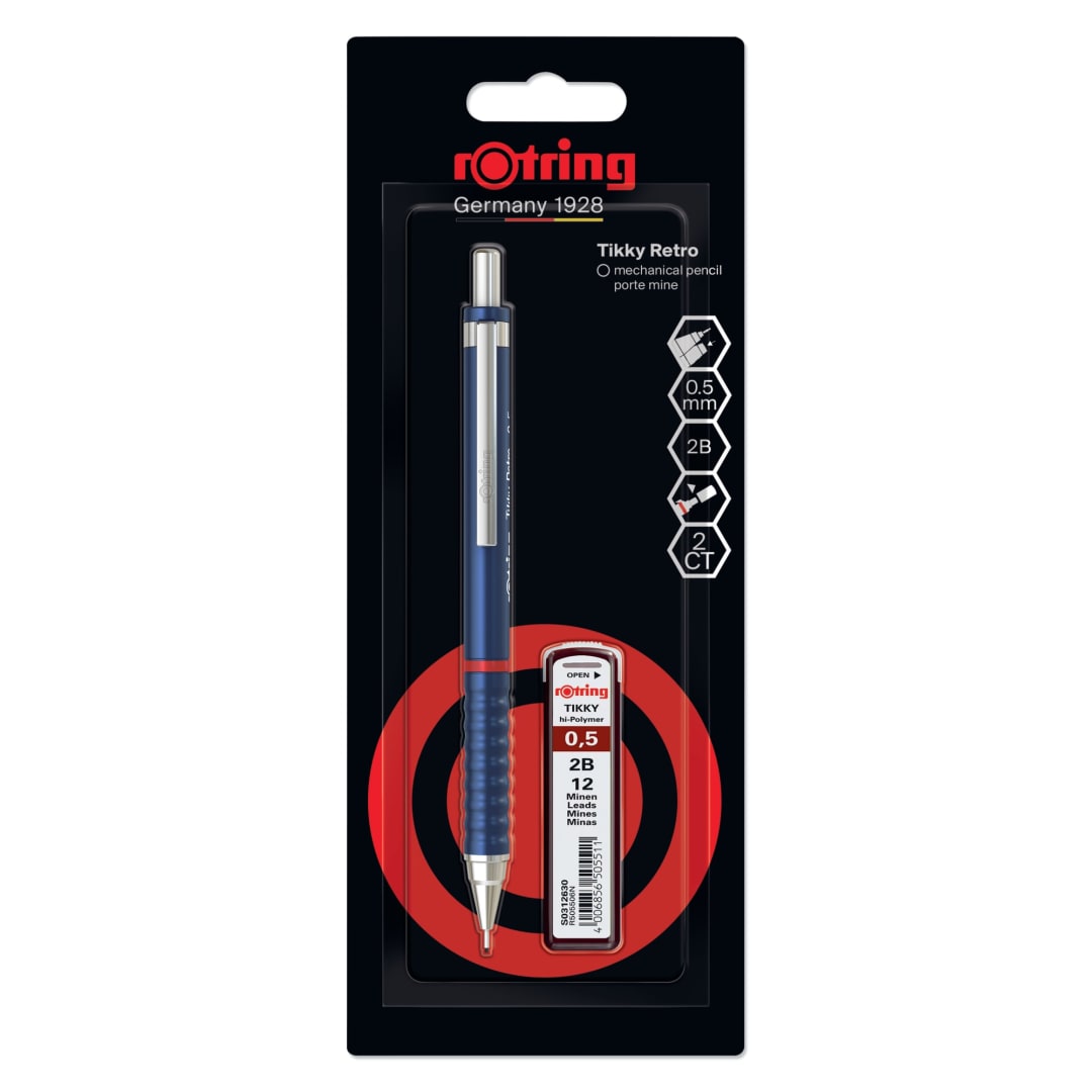 rOtring Tikky Retro Mechanical Pencil Set | 2B lead, 0.5 mm | Blue Barrel | Lightweight with Comfort Rippled Grip