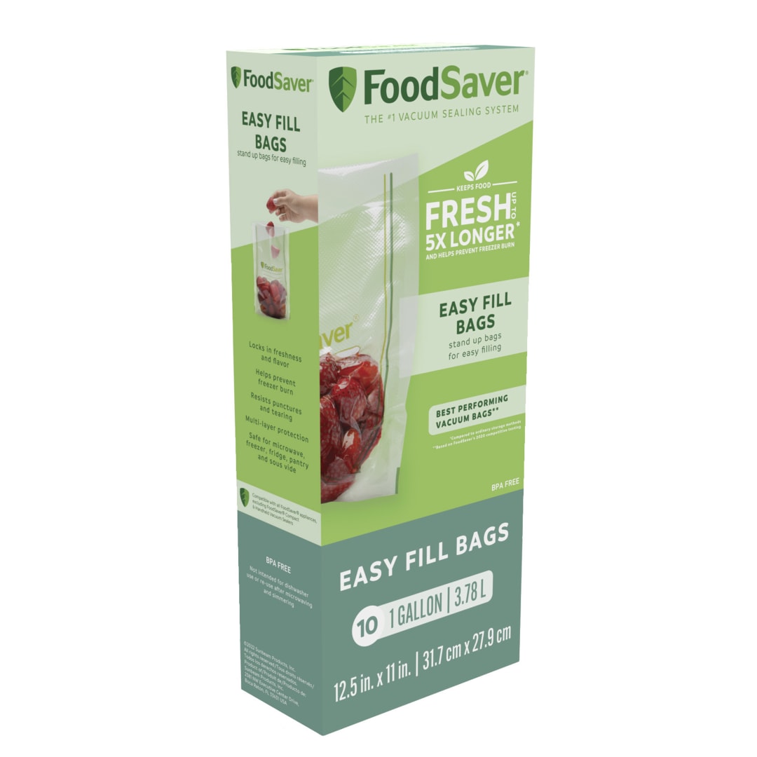 FoodSaver Easy Fill 1-Gallon Vacuum Sealer Bags, 10 Count BPA-Free Bags with Free-Standing Design for Meal Prep, Sous Vide, and Food Storage