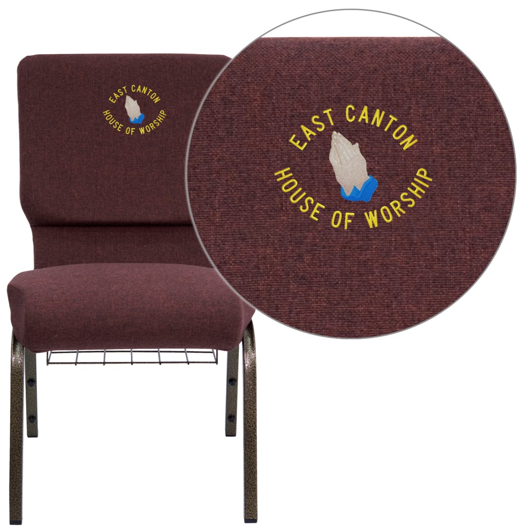 Embroidered HERCULES Series 18.5''W Church Chair in Plum Fabric with Cup Book Rack - Gold Vein Frame
