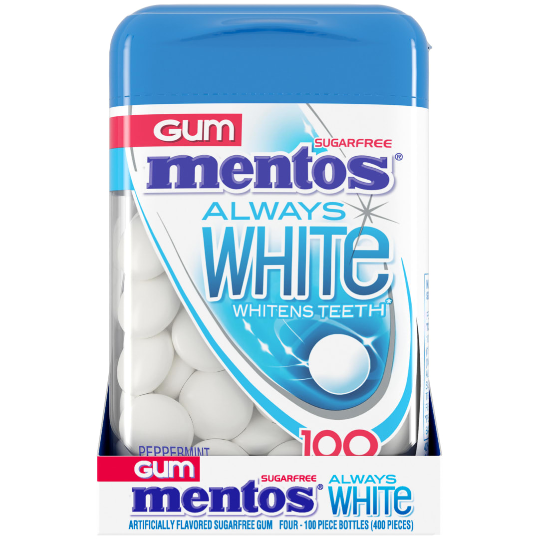 Mentos Gum Always White Sugar Free Chewing Gum Peppermint 100 pc Large Bottles - 4 Pack