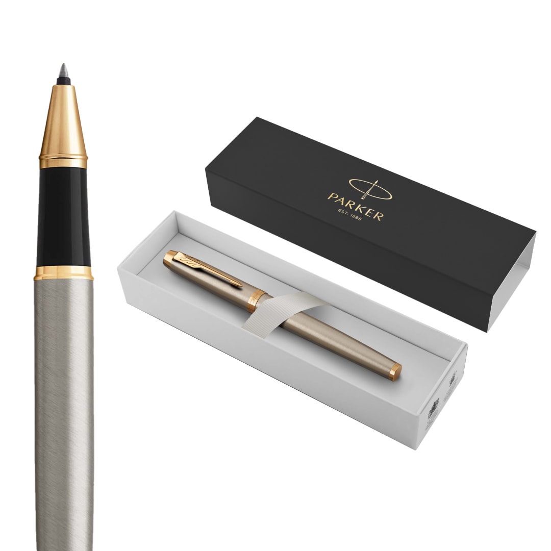 Parker Im Bolígrafo Roller, Punto Fino, Acero Inoxidable Con Adorno Dorado, Tinta Negra, En Estuche De Regalo