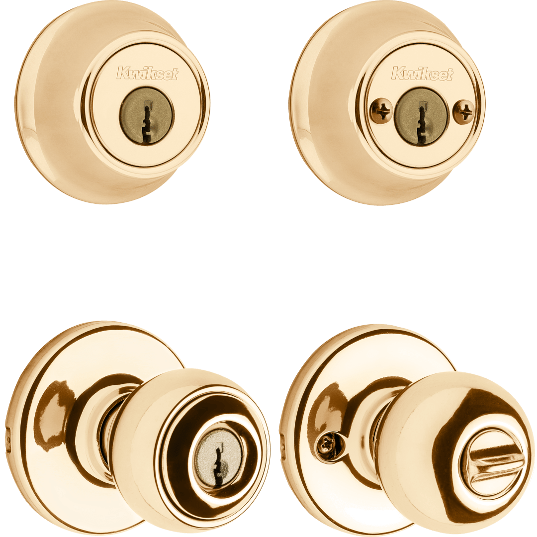 695 Polo Keyed Entry Knob and Double Cylinder Deadbolt Combo Pack in Polished Brass