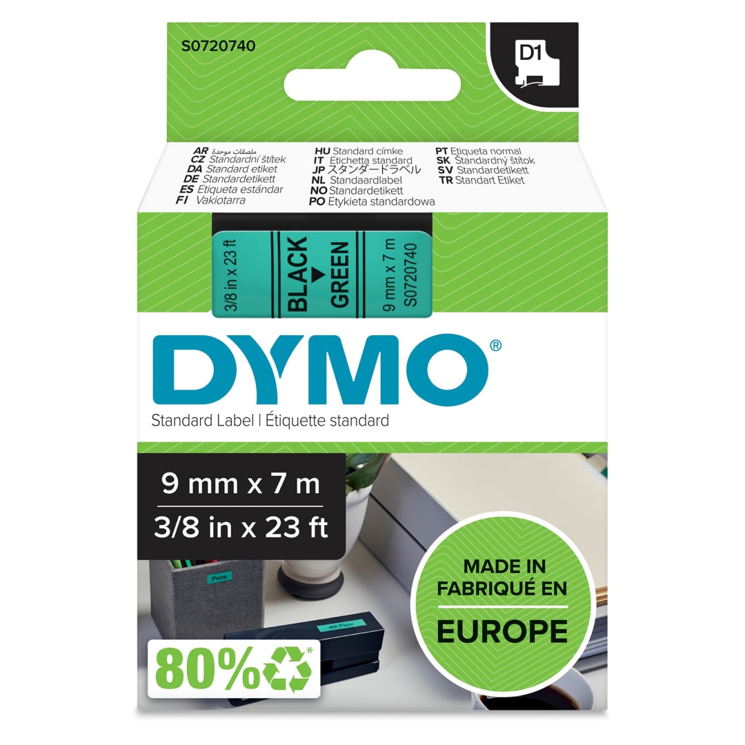 DYMO® Authentic D1 Labels | Black Print on Green Tape | 9 mm x 7 m | Self-Adhesive Labels for LabelManager Label Makers | Made in Europe