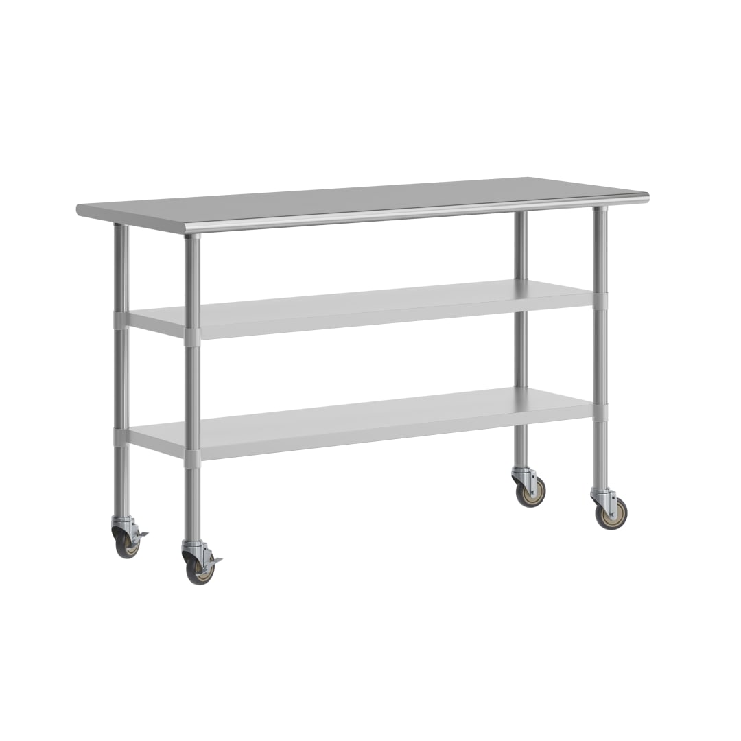 Reese NSF Certified Stainless Steel Prep and Work Table 24"x 60" with 2 Galvanized Steel Undershelves and 4 Casters, Heavy Duty Food Prep Worktable