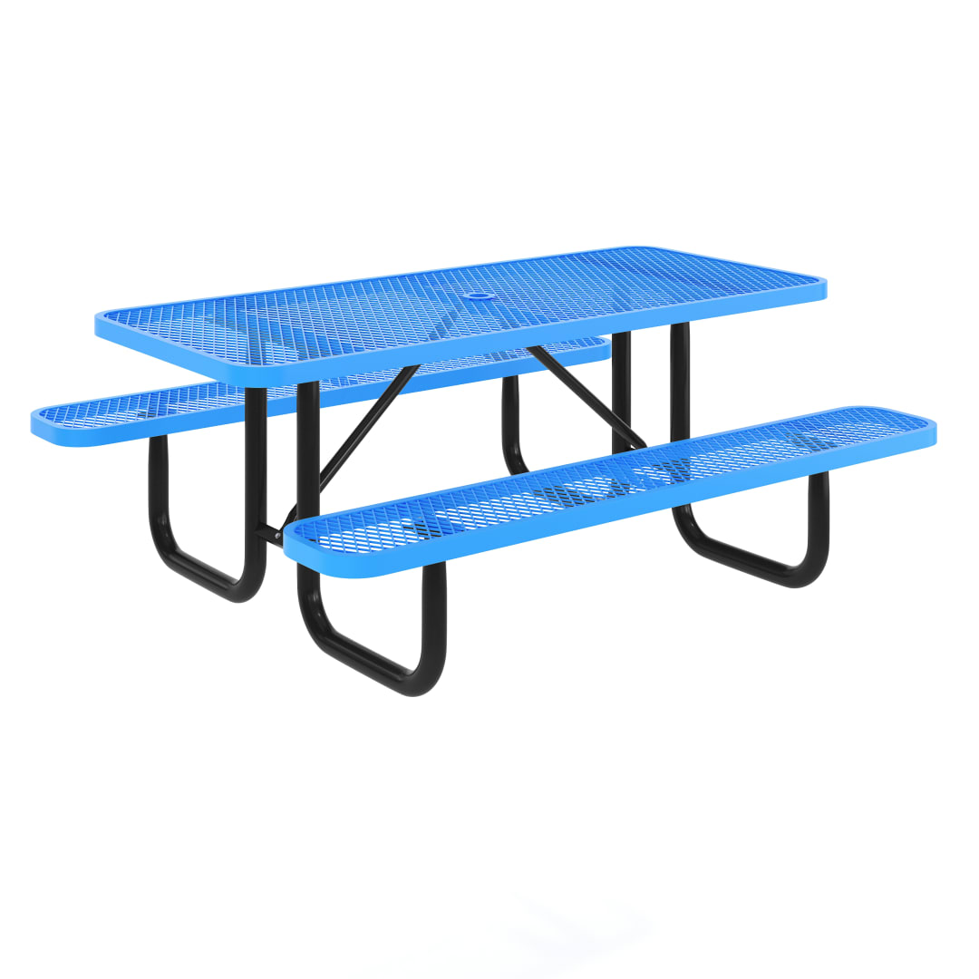 Mantilla 6' Rectangular Outdoor Picnic Table with Commercial Heavy Gauge Expanded Metal Mesh Top and Seats and Steel Frame in Blue