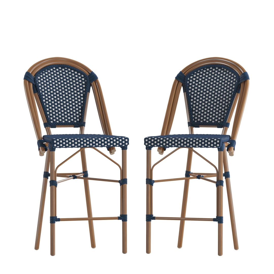 Bordeaux Set of 2 Stackable Indoor/Outdoor Bistro 26" High Counter Height Stools, Commercial Grade, Navy/White and Bamboo Finish