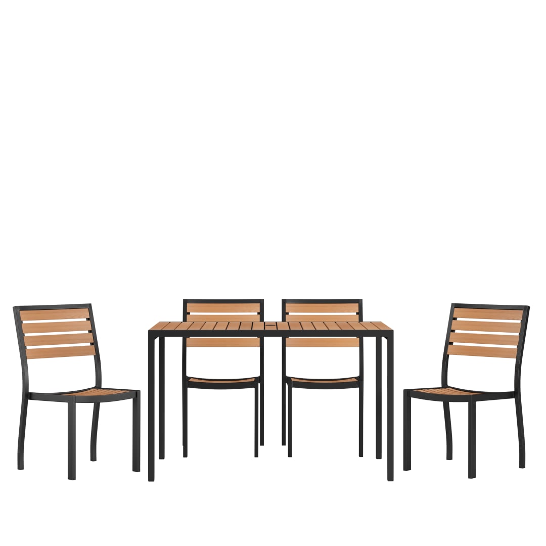 Lark 5 Piece Patio Table Set - Synthetic Teak Poly Slats - 30" x 48" Steel Framed Table with 4 Stackable Faux Teak Chairs
