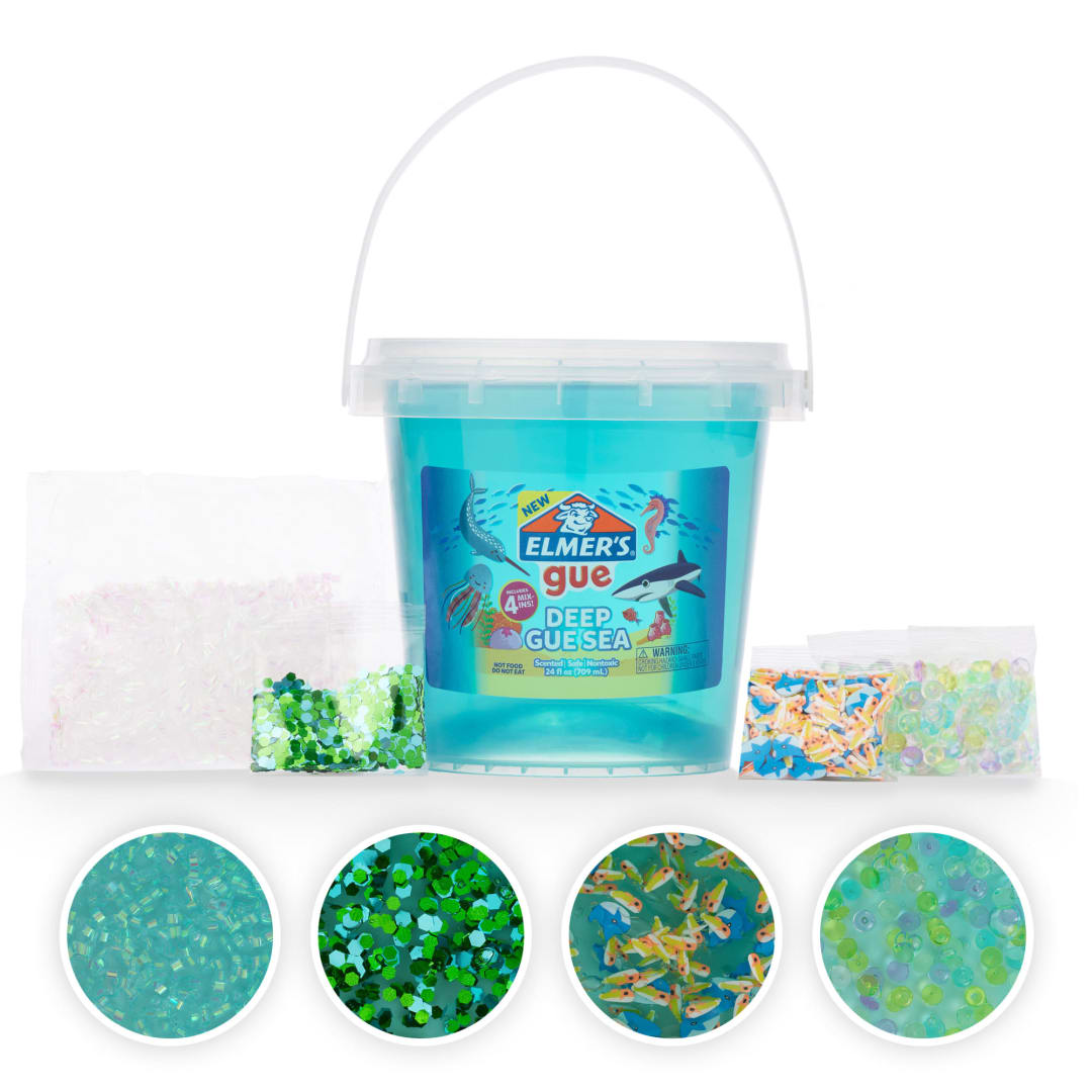 Elmer’s Gue Pre-made Slime, Deep Gue Sea, Blue Clear Slime, Includes 4 Sets of Unique Mix-ins, 1.5-Lb. Bucket