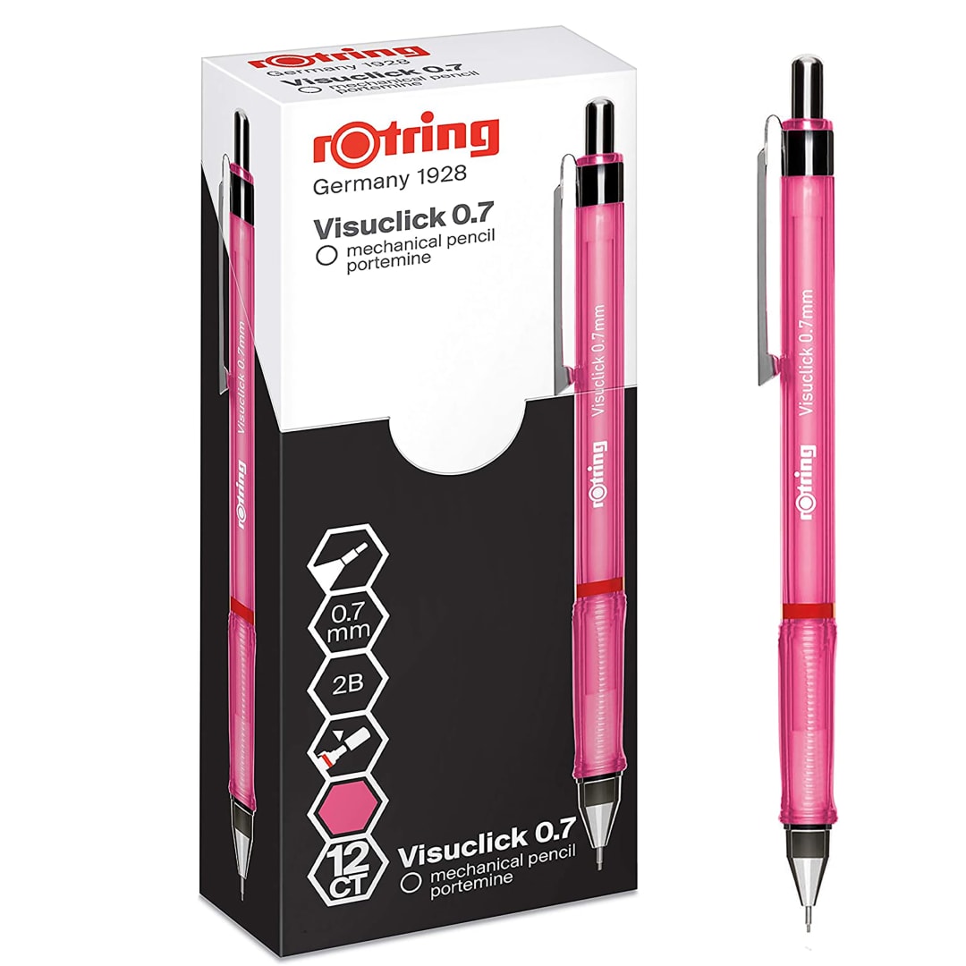 rOtring Visuclick portaminas | 0,7 mm | Mina 2B | Cuerpo rosa vivo | 12 unidades