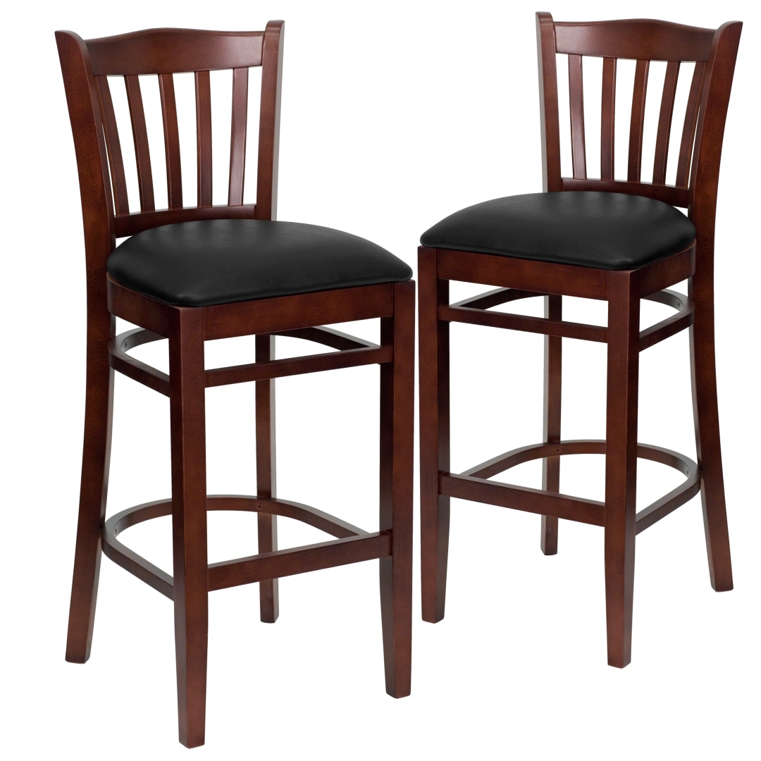 2 Pack HERCULES Series Vertical Slat Back Mahogany Wood Restaurant Barstool - Black Vinyl Seat