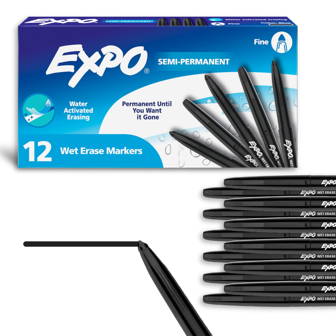 EXPO®Wet Erase Markers, Semi-Permanent Markers, Black, Fine Tip, 12 Count