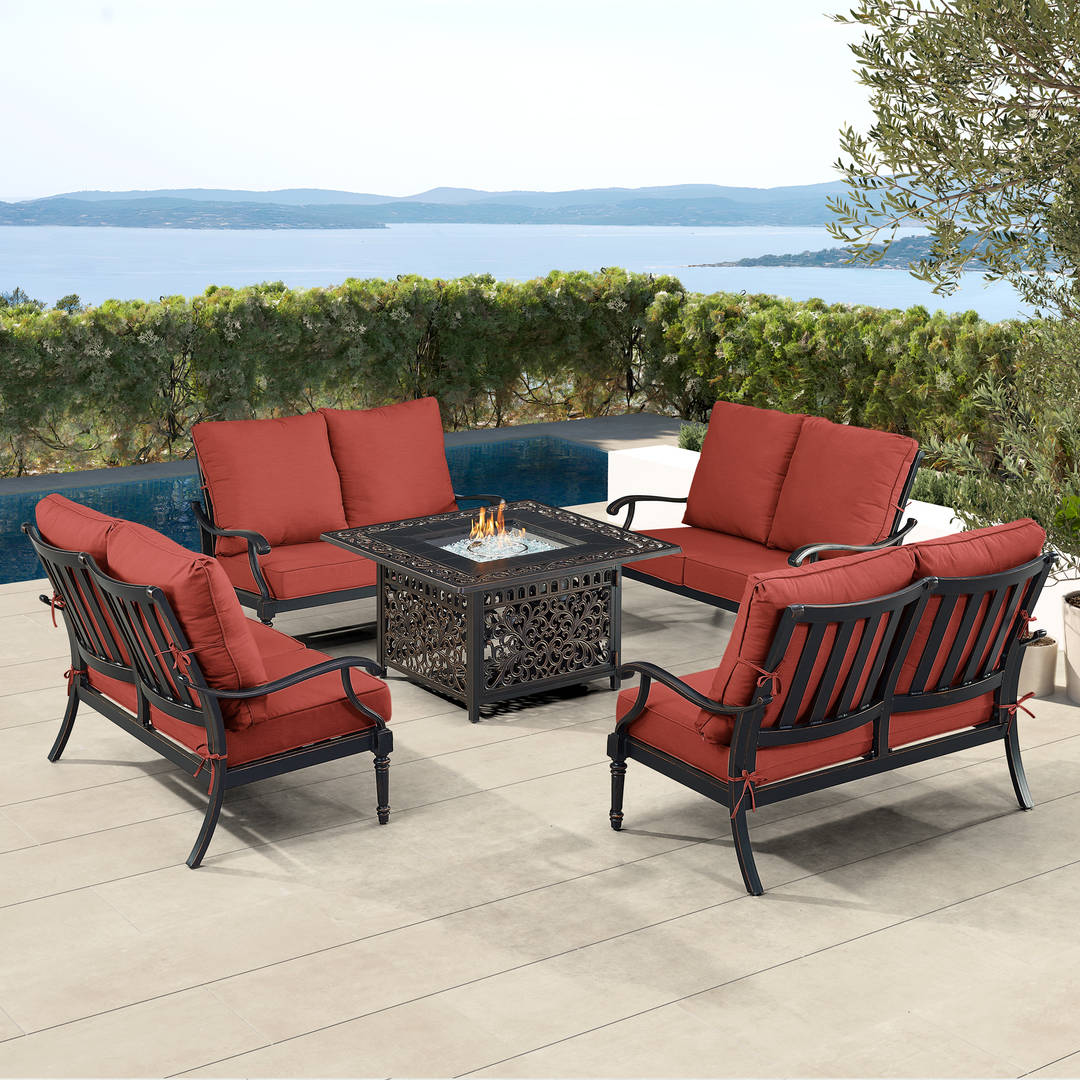 Black Aluminum Patio Fire Table Set with Four Deep Seating Loveseat with Cushions
