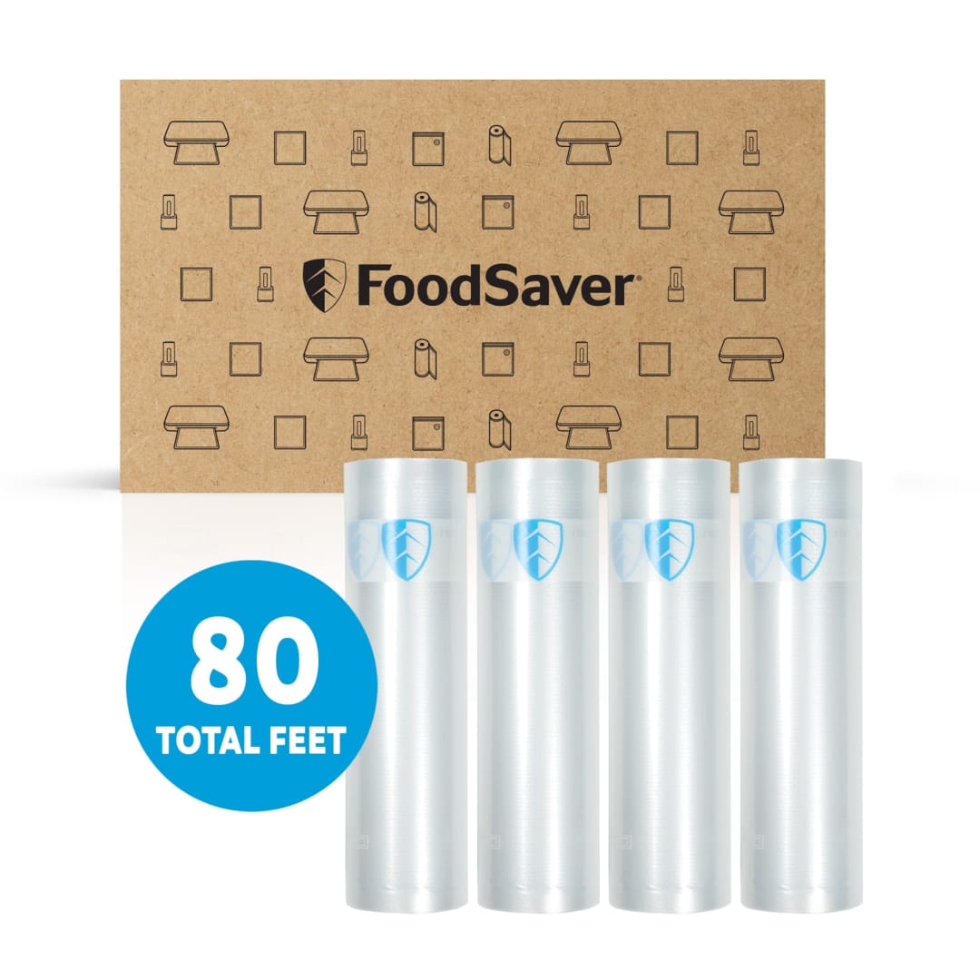 FoodSaver Vacuum Sealer Rolls, 4 Pack 8" x 20' Rolls (80 Total Feet), BPA-Free Custom Size Freezer Bags for Food Storage, Sous Vide, and Meal Prep