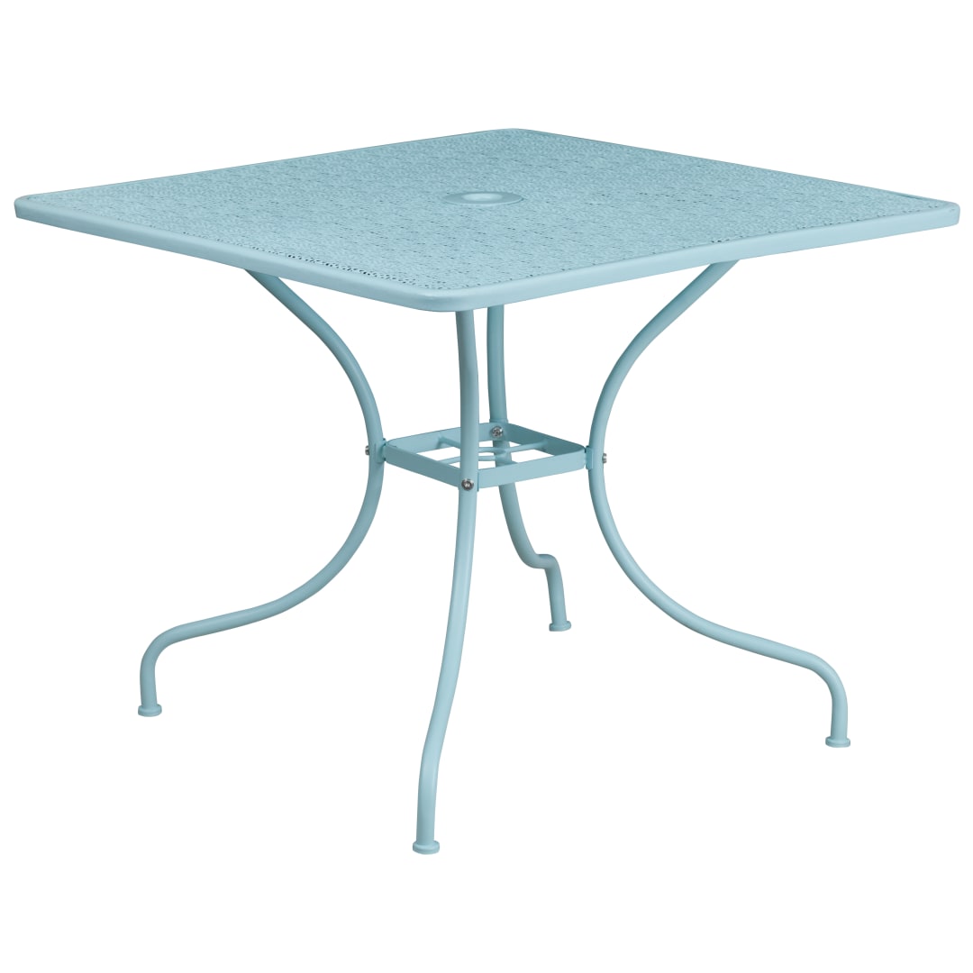 Oia Commercial Grade 35.5" Square Sky Blue Indoor-Outdoor Steel Patio Table with Umbrella Hole