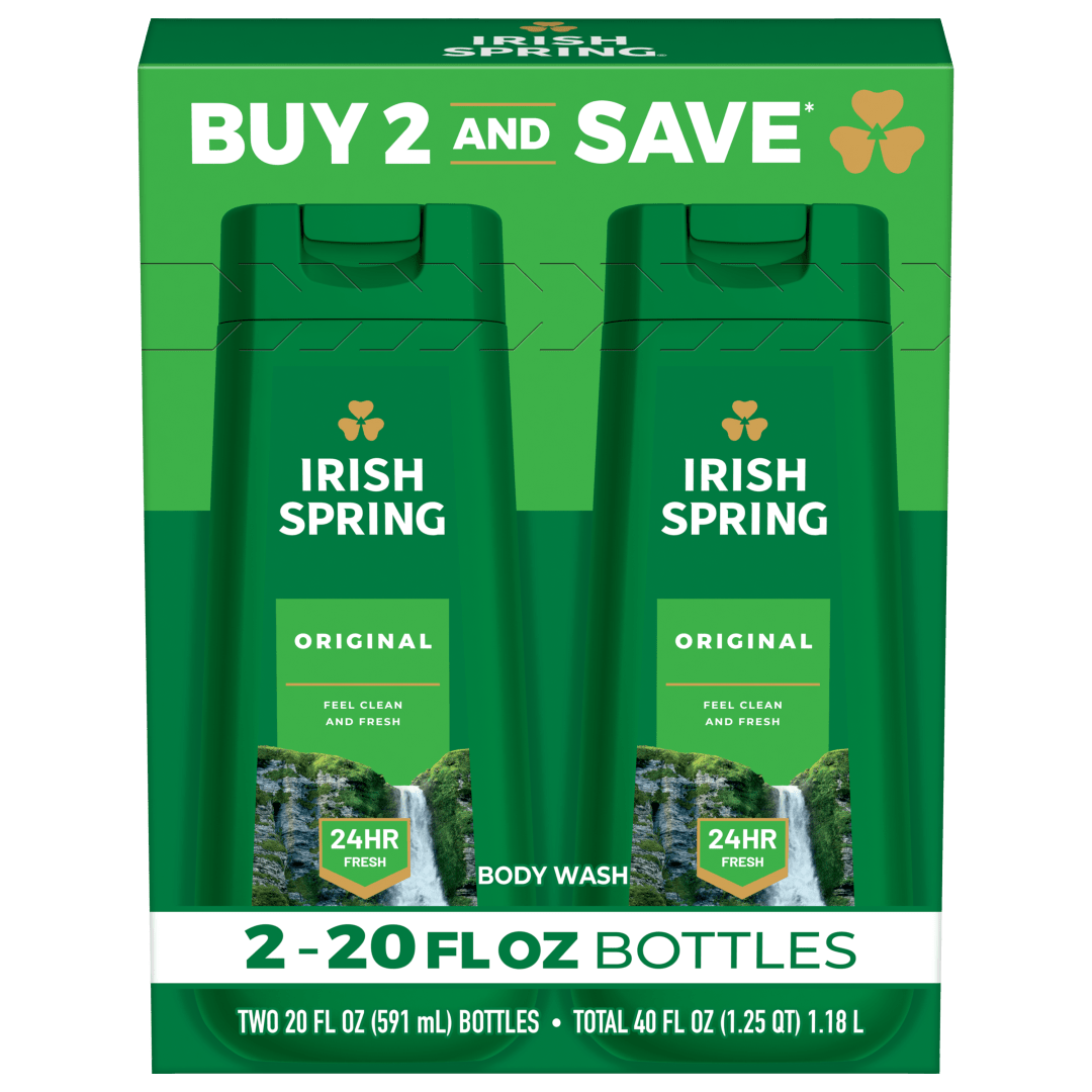Irish Spring Original Moisturizing Body Wash for Men, 24-Hour Fresh, Face and Body Wash, Men’s Body Wash, Biodegradable Ingredients, Paraben Free, Cool Fresh Scent, 20 fl oz Bottle (2 Pack)
