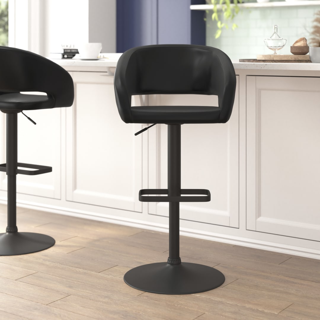 Erik Contemporary Black Vinyl Adjustable Height Barstool with Rounded Mid-Back and Black Base