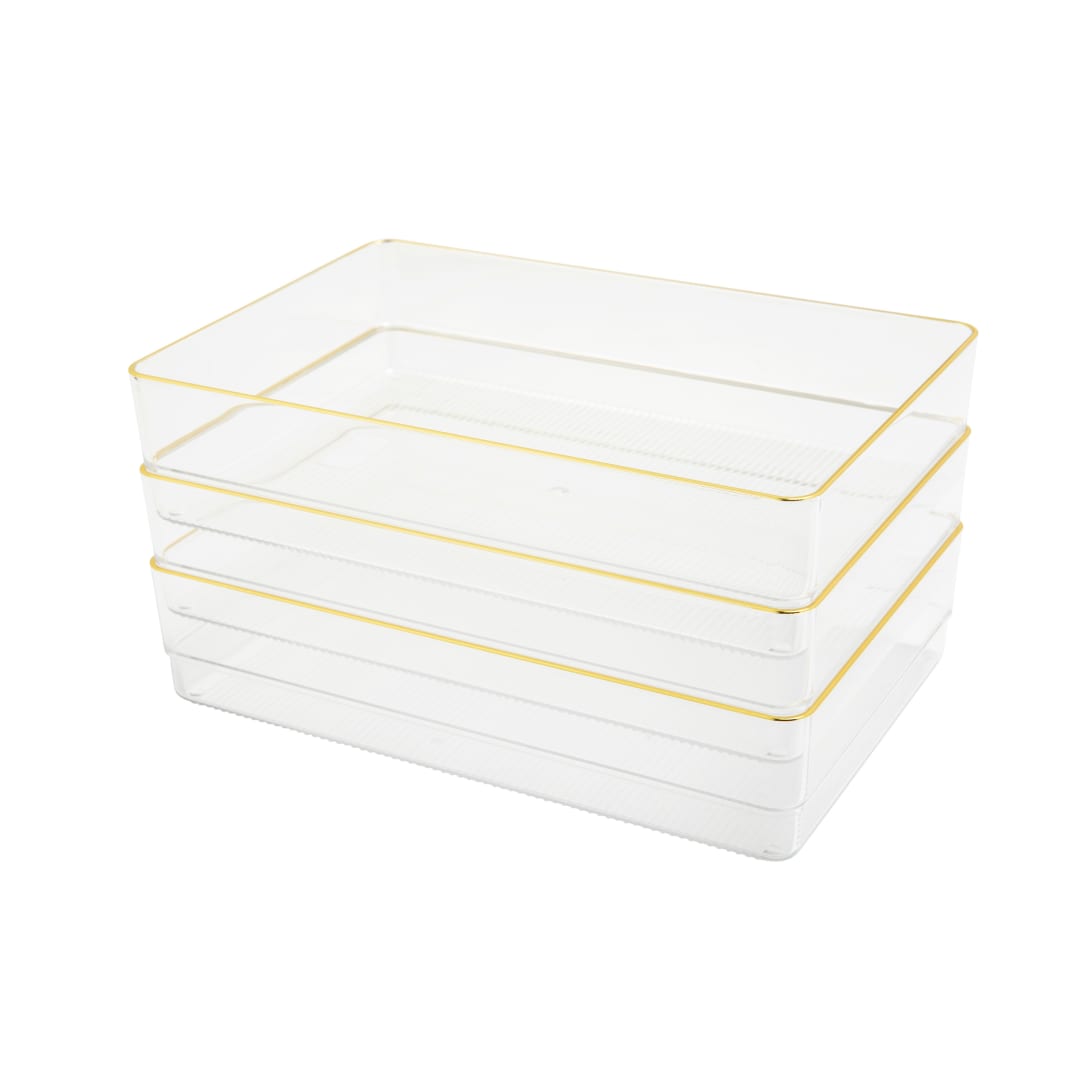 Kerry 3 Pack Plastic Stackable Office Desk Drawer Organizers with Gold Trim, 9" x 6"