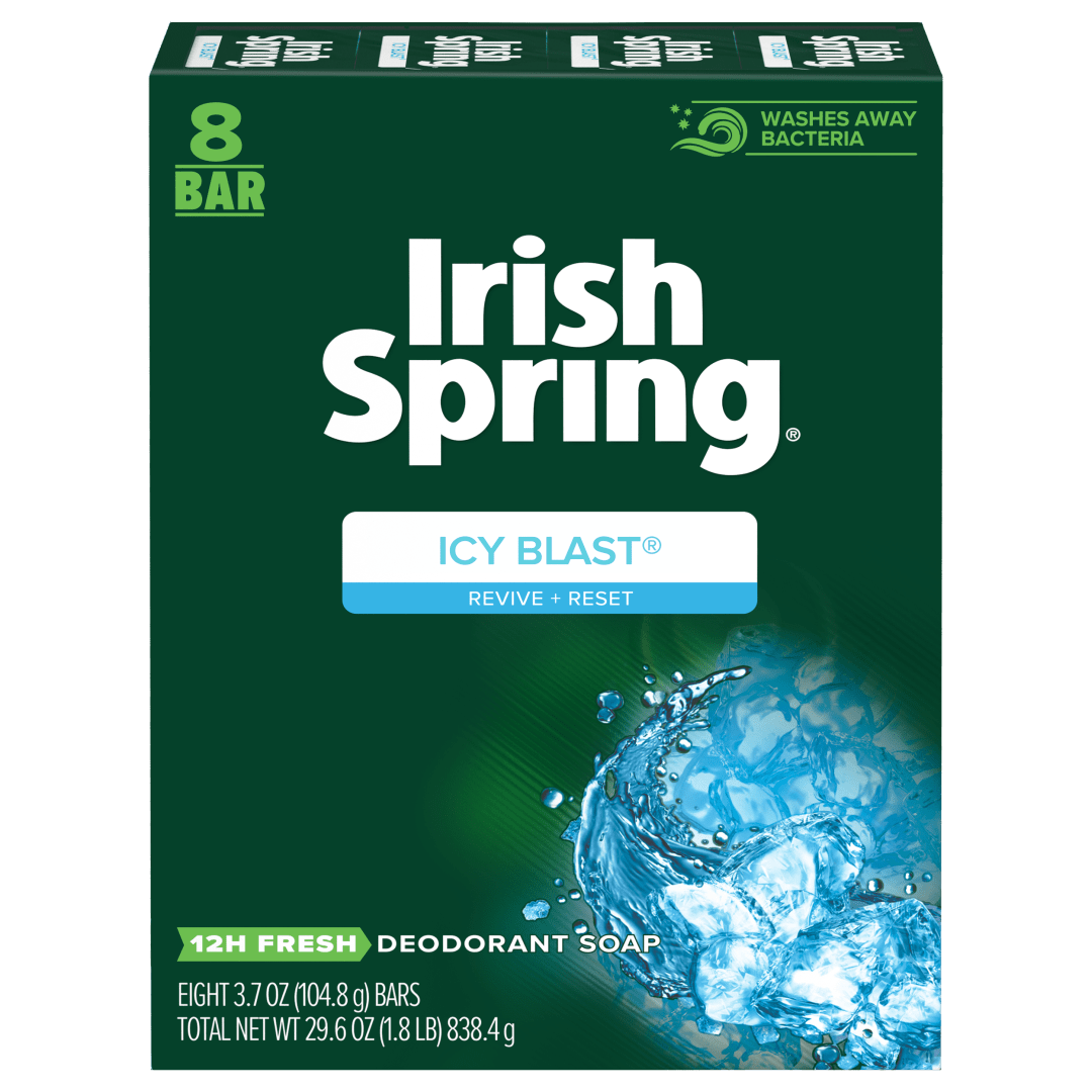 Irish Spring Icy Blast Refreshing Bar Soap, Body and Hand Soap Bar Washes Away Bacteria, 3.7 Ounce, 8 Bars