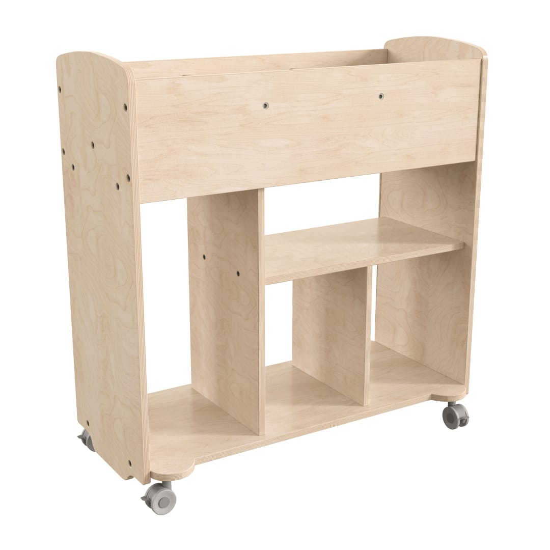Bright Beginnings Commercial Grade Double Sided Space Saving Wooden Mobile Storage Cart with Locking Caster Wheels &amp; 10 Storage Compartments, Natural