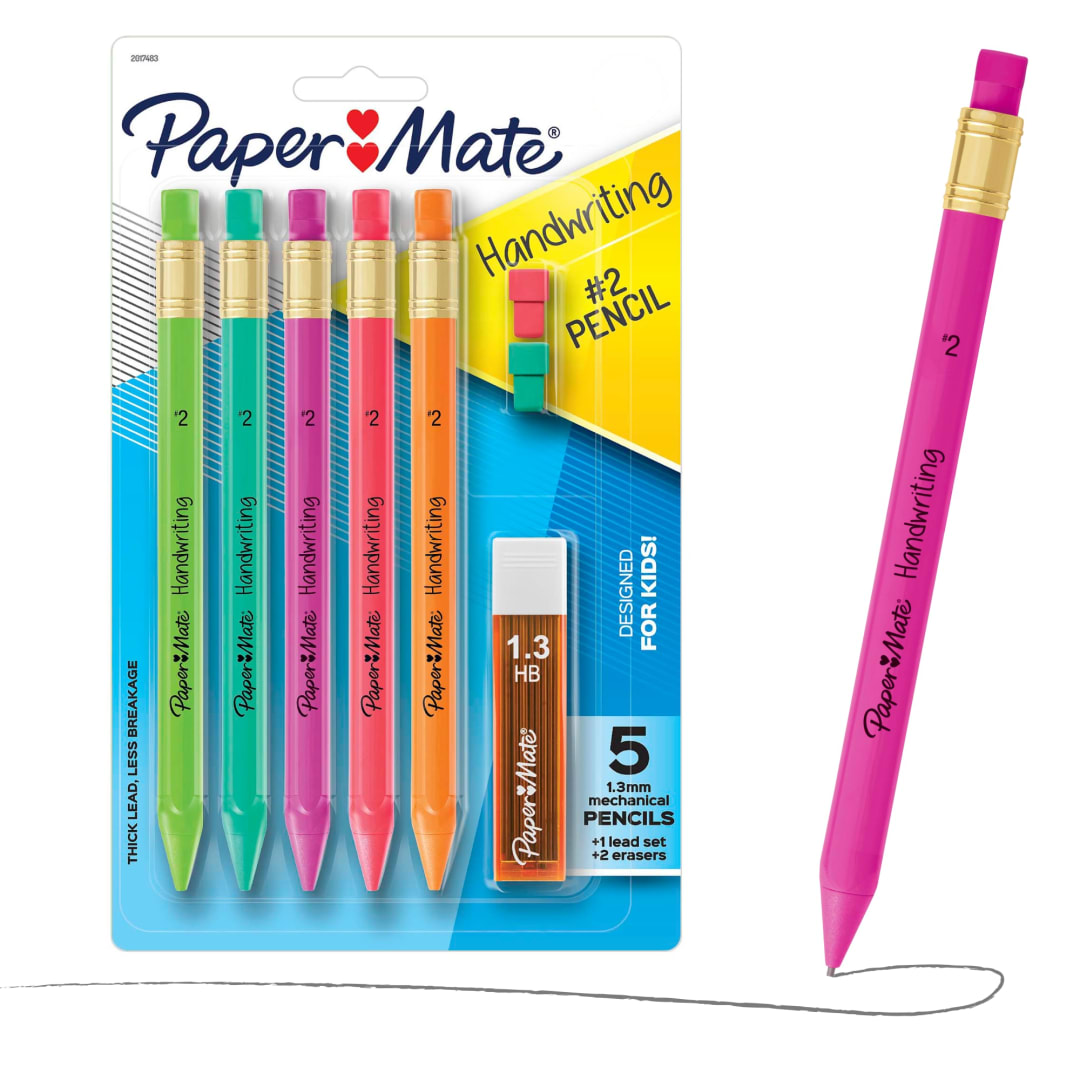 Paper Mate® Handwriting Triangular Mechanical Pencils, HB #2 Lead (1.3mm), Fun Barrel Colors, 5 Pencils, 1 Lead Refill Set, 2 Erasers