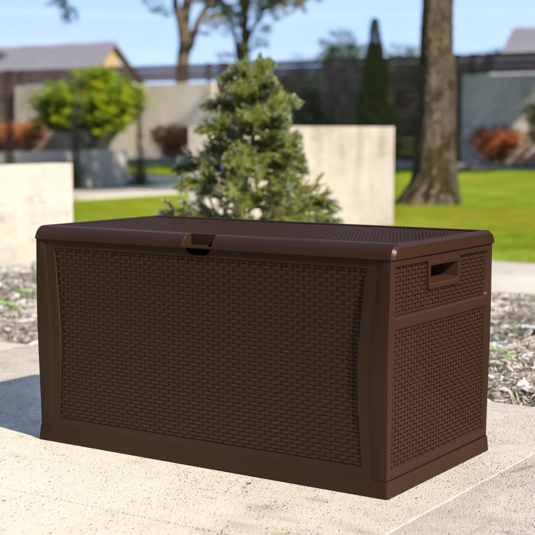 Nobu 120 Gallon Plastic Deck Box - Outdoor Waterproof Storage Box for Patio Cushions, Garden Tools and Pool Toys, Brown