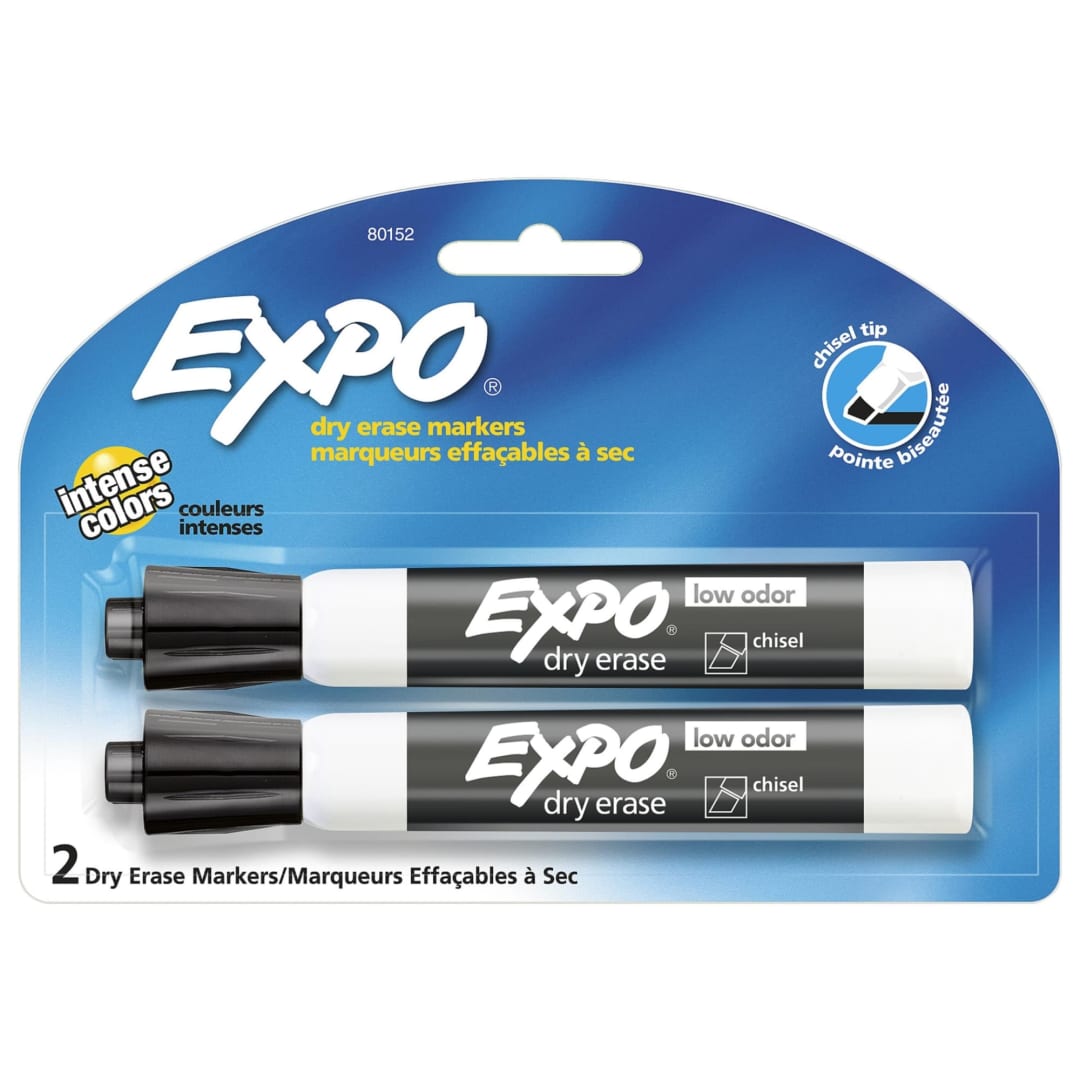 EXPO® Low Odor Dry Erase Markers, Chisel Tip, Black, 2 Count