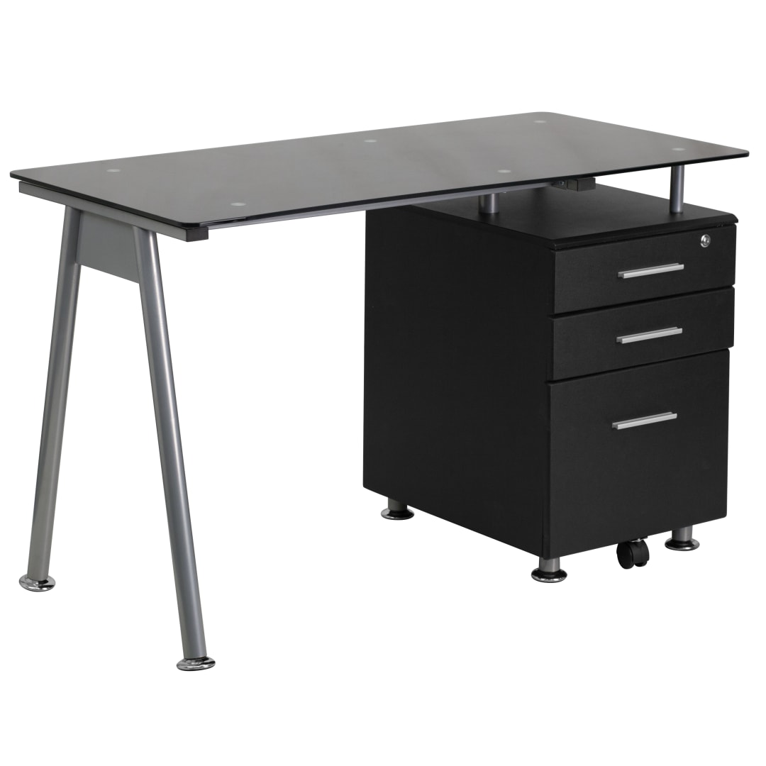 Singleton Black Glass Computer Desk with Three Drawer Pedestal