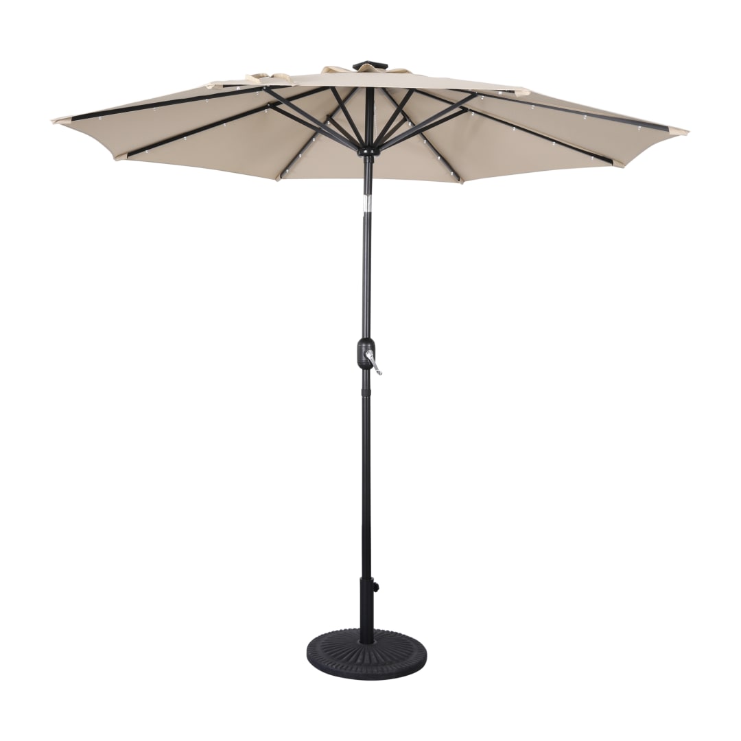 Montego Commercial Grade 9 FT Round Umbrella with 32 Solar LED Lights and Crank and Tilt Functionality in Tan