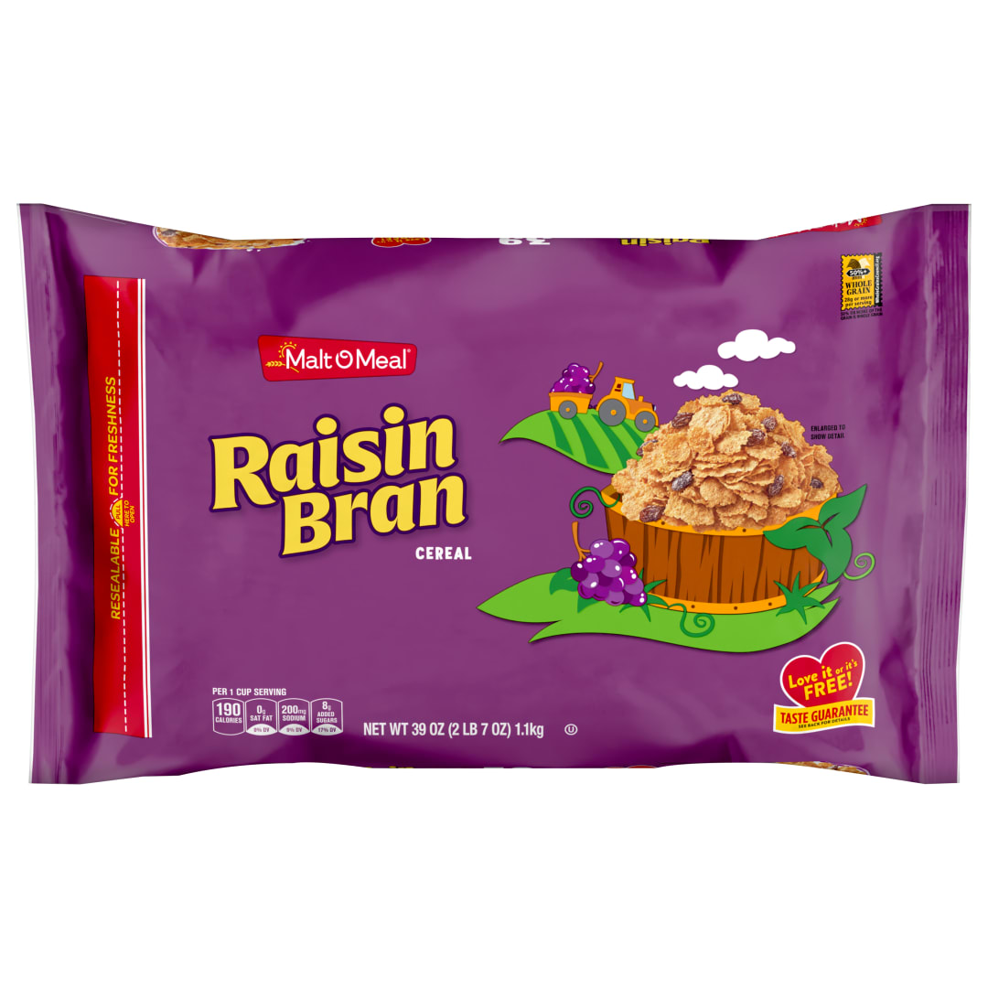 Malt-O-Meal Raisin Bran Breakfast Cereal, Family Size Cereal with Plump Raisins, 39 oz Bag
