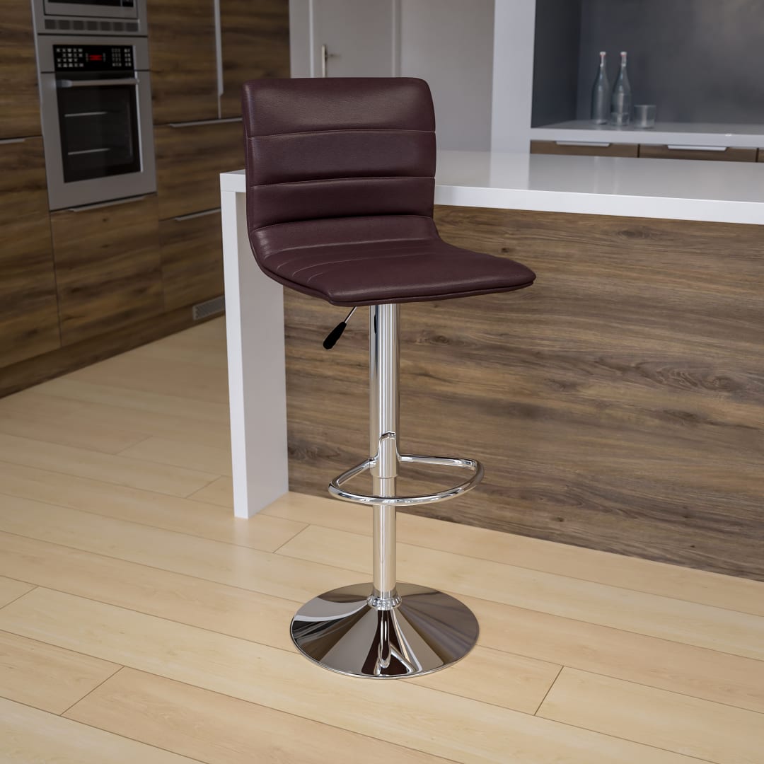 Vincent Modern Brown Vinyl Adjustable Bar Stool with Back, Swivel Stool with Chrome Pedestal Base and Footrest