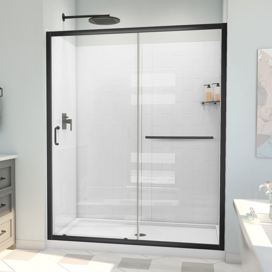 DreamLine Infinity-Z 36 inch D x 60 inch W x 78 3/4 inch H Semi-Frameless Sliding Shower Door in Matte Black and Clear Glass, Center Drain Shower Base, and Wall Kit in White