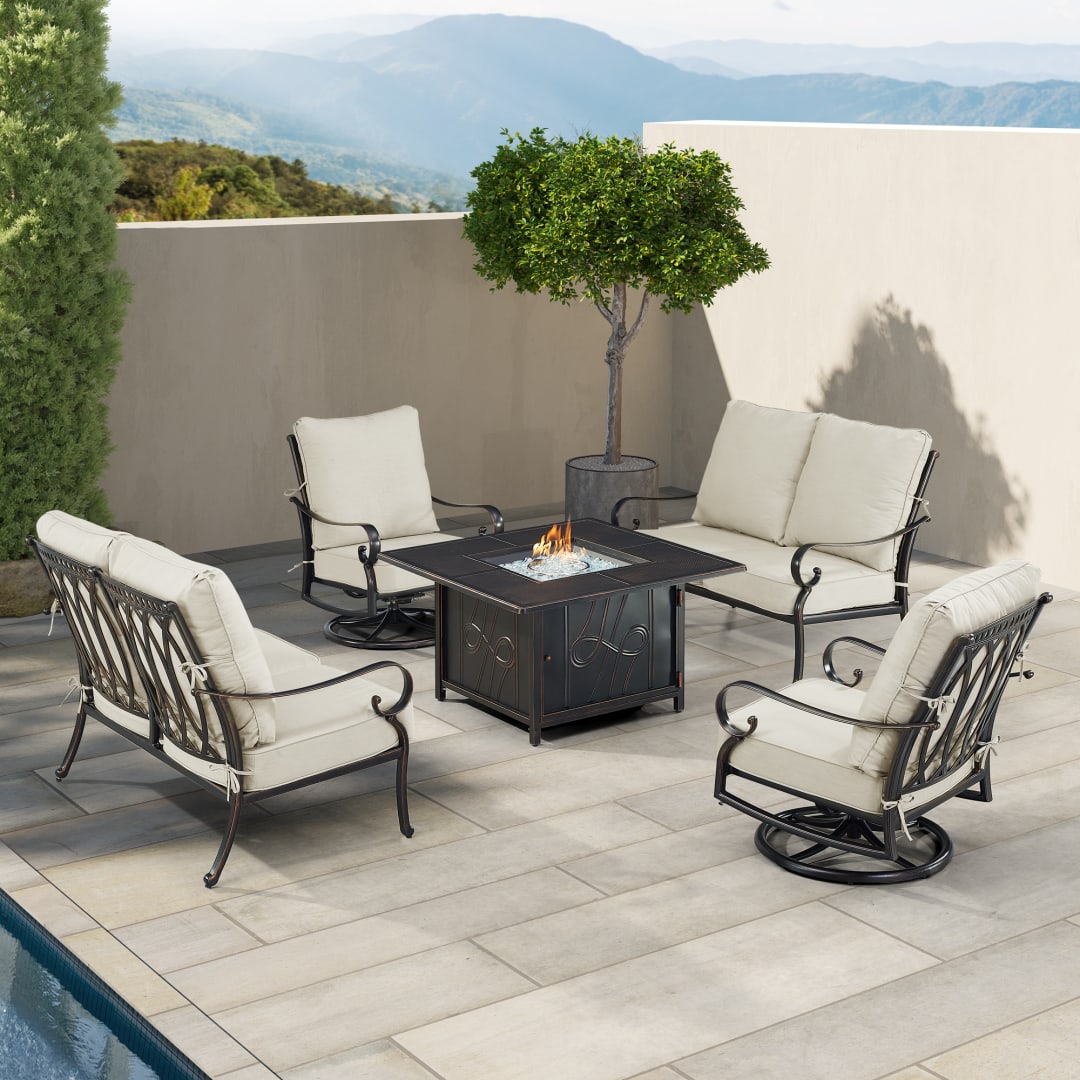 Black Aluminum Patio Fire Table Set with Two Deep Seating Loveseat with Cushions and Two Club Chairs