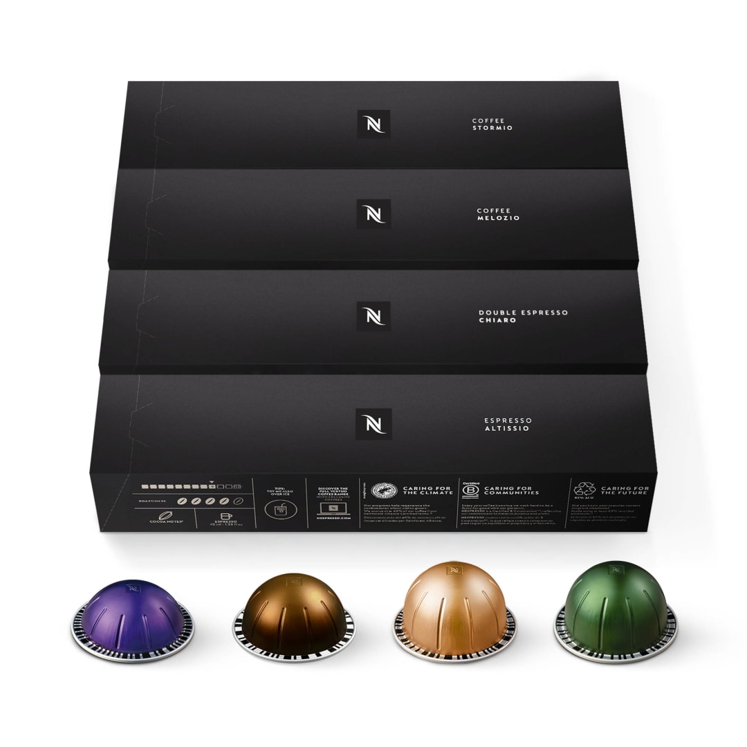 Nespresso Capsules Vertuo, Medium and Dark Roast Coffee, Variety Pack, Melozio, Stormio, Altissio, Double Espresso Chiaro, 40- Count Coffee & Espresso Pods, Brews 7.77 fl. oz, 2.7 fl. oz, and 1.35 fl. oz