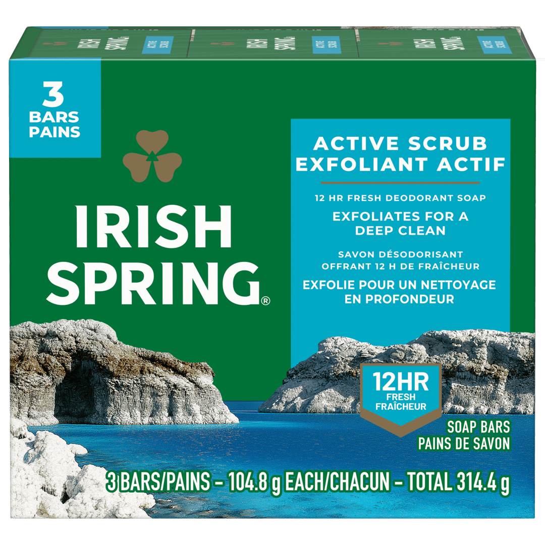 Pain de savon exfoliant Irish Spring Active Scrub pour homme, Avec huile de lin, Savon désodorisant offrant 12 heures de fraîcheur, Pain de 104,8 g (lot de 3)