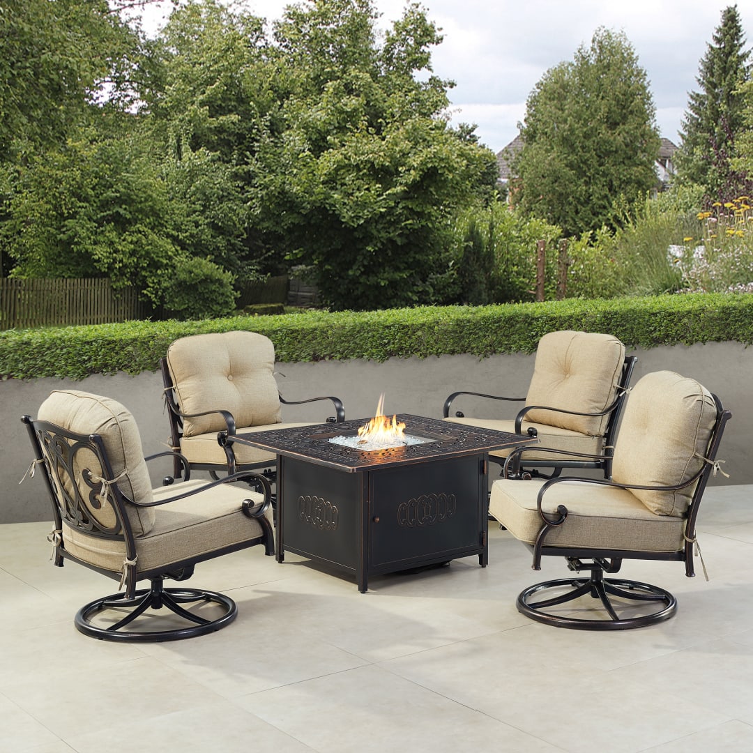 Black Aluminum Patio Fire Table Set with Four Club Chairs