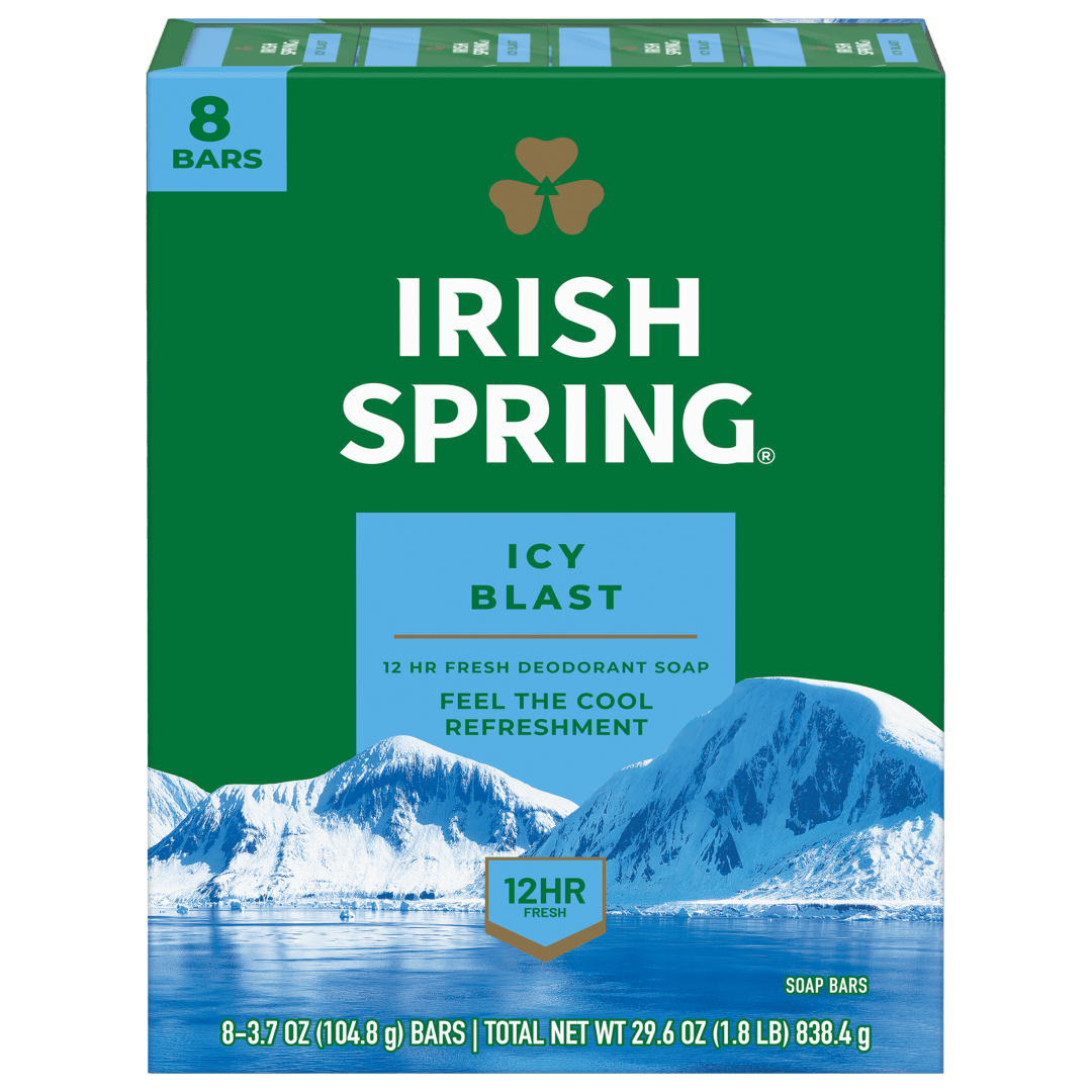 Irish Spring Icy Blast Deodorant Bar Soap for Men, With Flaxseed Oil, 12 Hour Fresh Deodorant Soap, 3.7 oz Bar (8 Pack)