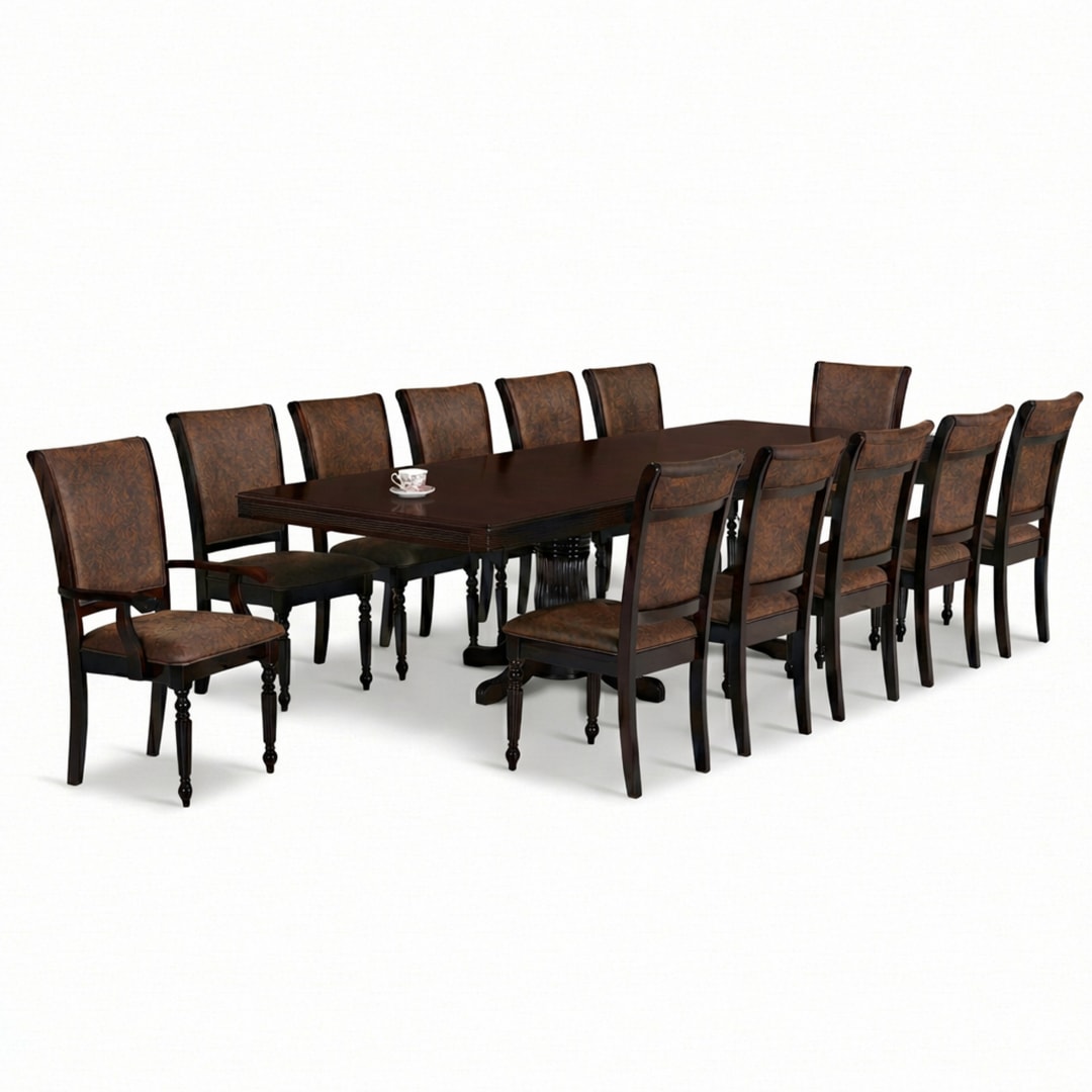 Traditional 13-Piece 118 Inch Extendable Rectangular Dining Set, Expresso Finish with Dark Brown PU Leather Upholstered Chairs, Solid Rubberwood