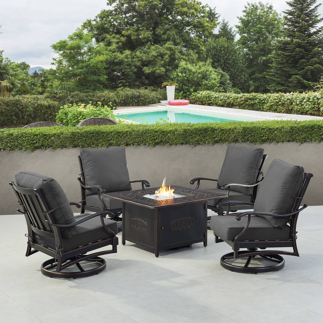Black Aluminum Patio Fire Table Set with Four Club Chairs