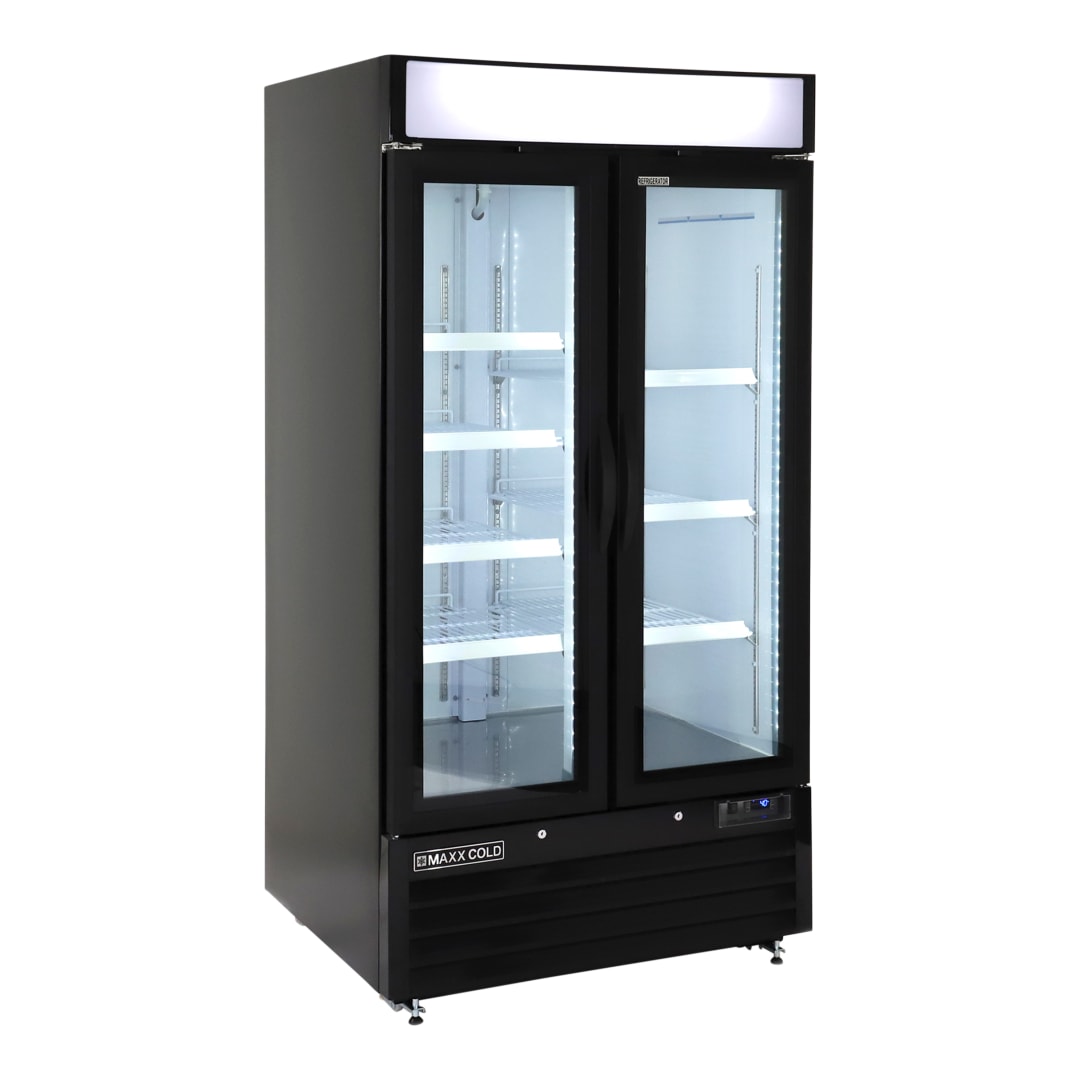 Maxx Cold Double Glass Door Narrow Width Merchandise Refrigerator, Swing Style Door, 39.5"W, 36 cu. ft. Storage Capacity, in Black (MXM2-36RBHC)